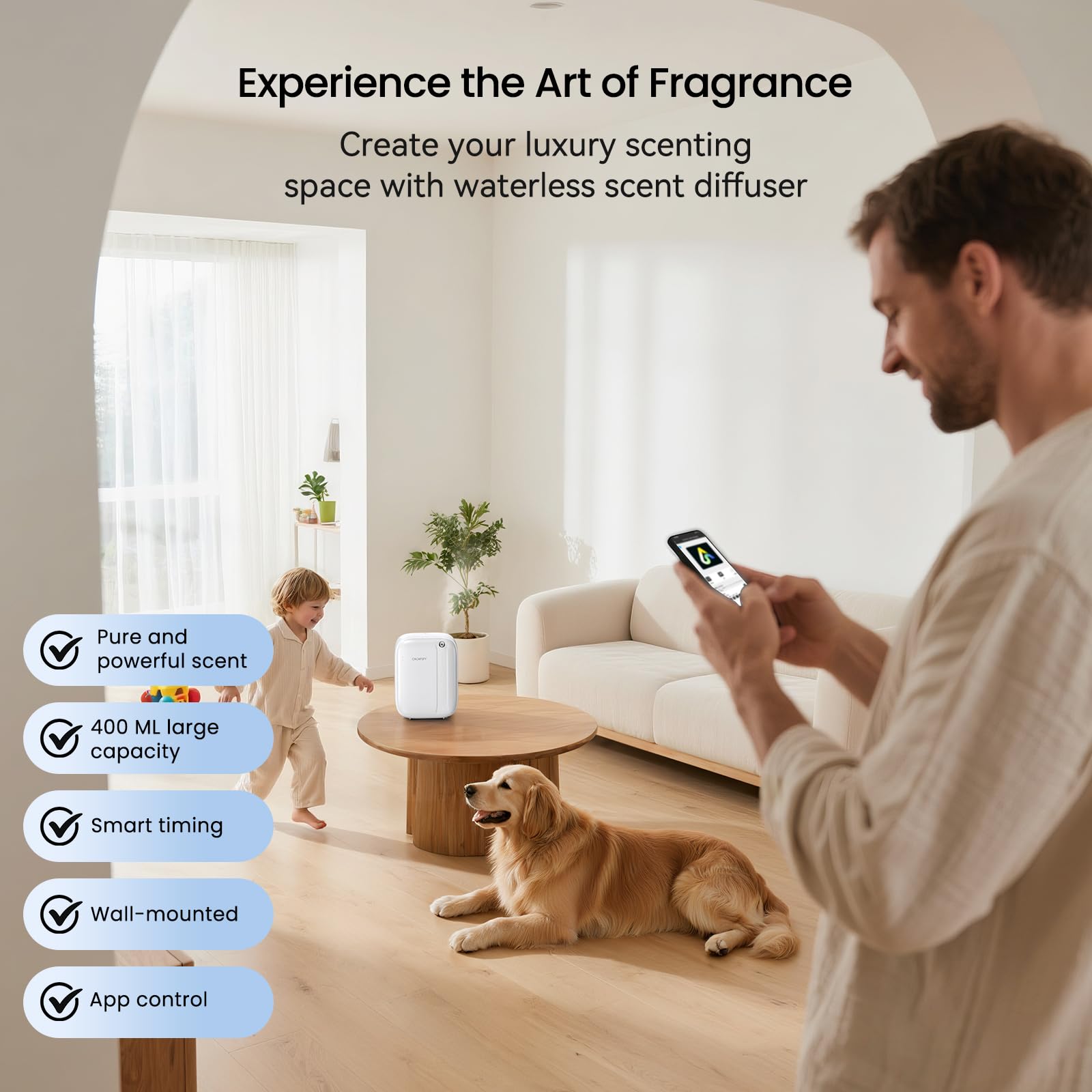 Waterless Essential Oil Diffuser - 400ml Capacity, 3000 Sq Ft Coverage, App & Button Control