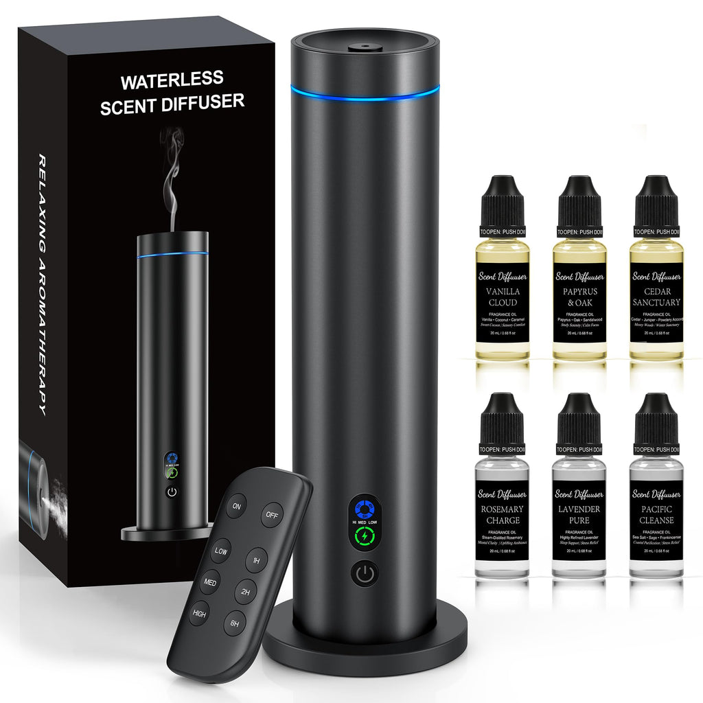Waterless Diffuser – 1000 Sq Ft Coverage, Remote, Tilt-Safe, Mood Lights (Black)