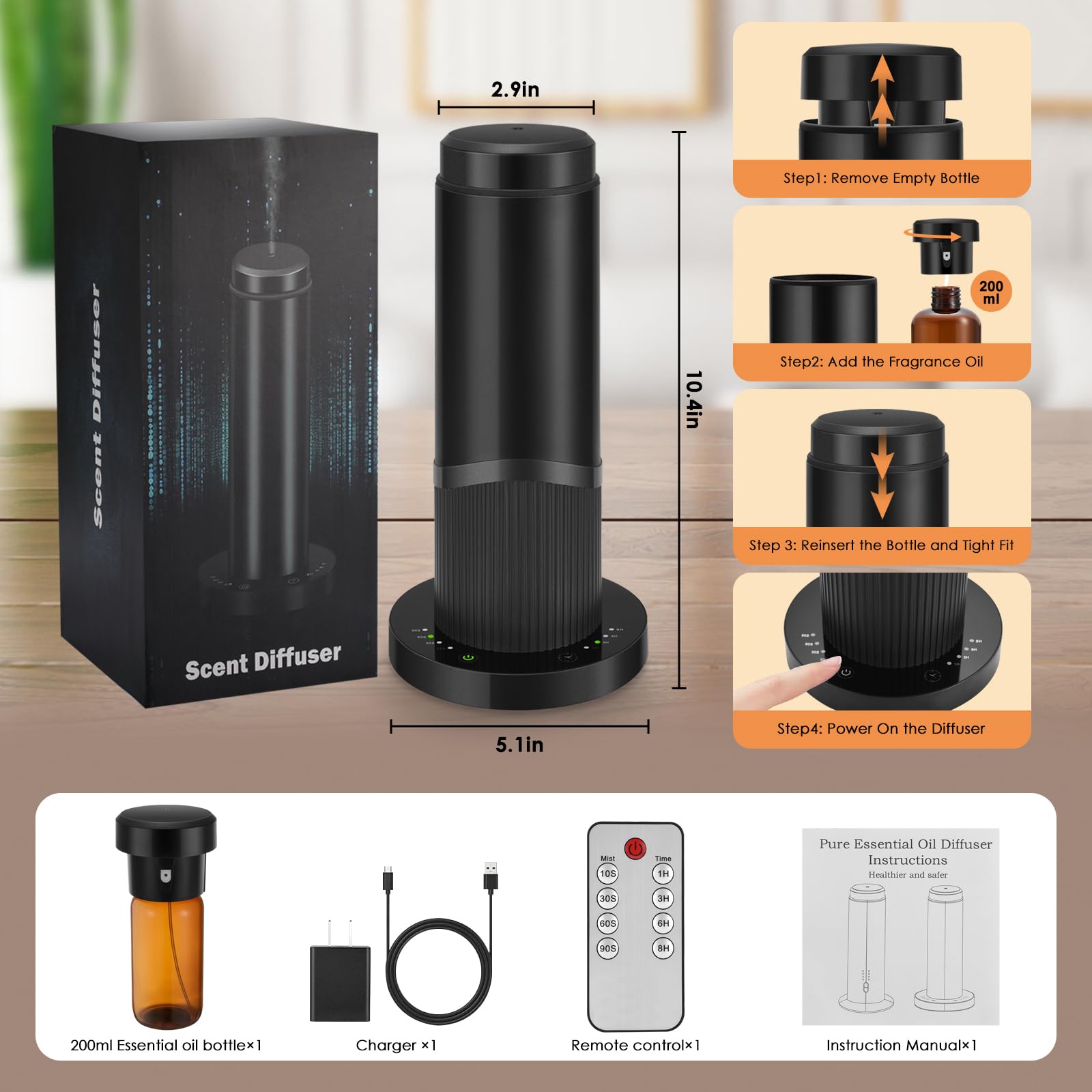 Waterless Essential Oil Diffuser 200ml - Covers 1500 sq ft - Hotel, Home, Office | Black
