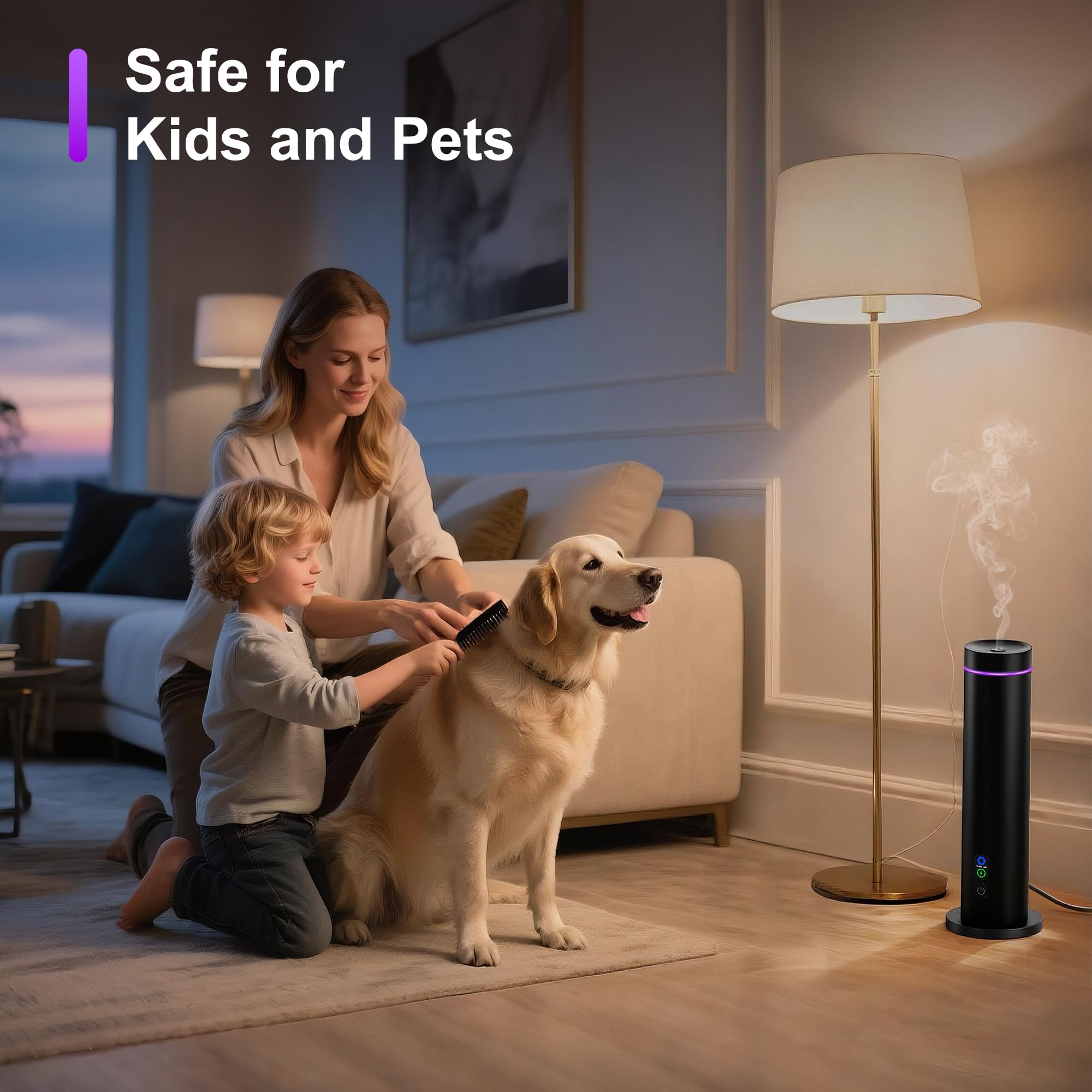 Waterless Diffuser – 1000 Sq Ft Coverage, Remote, Tilt-Safe, Mood Lights (Black)