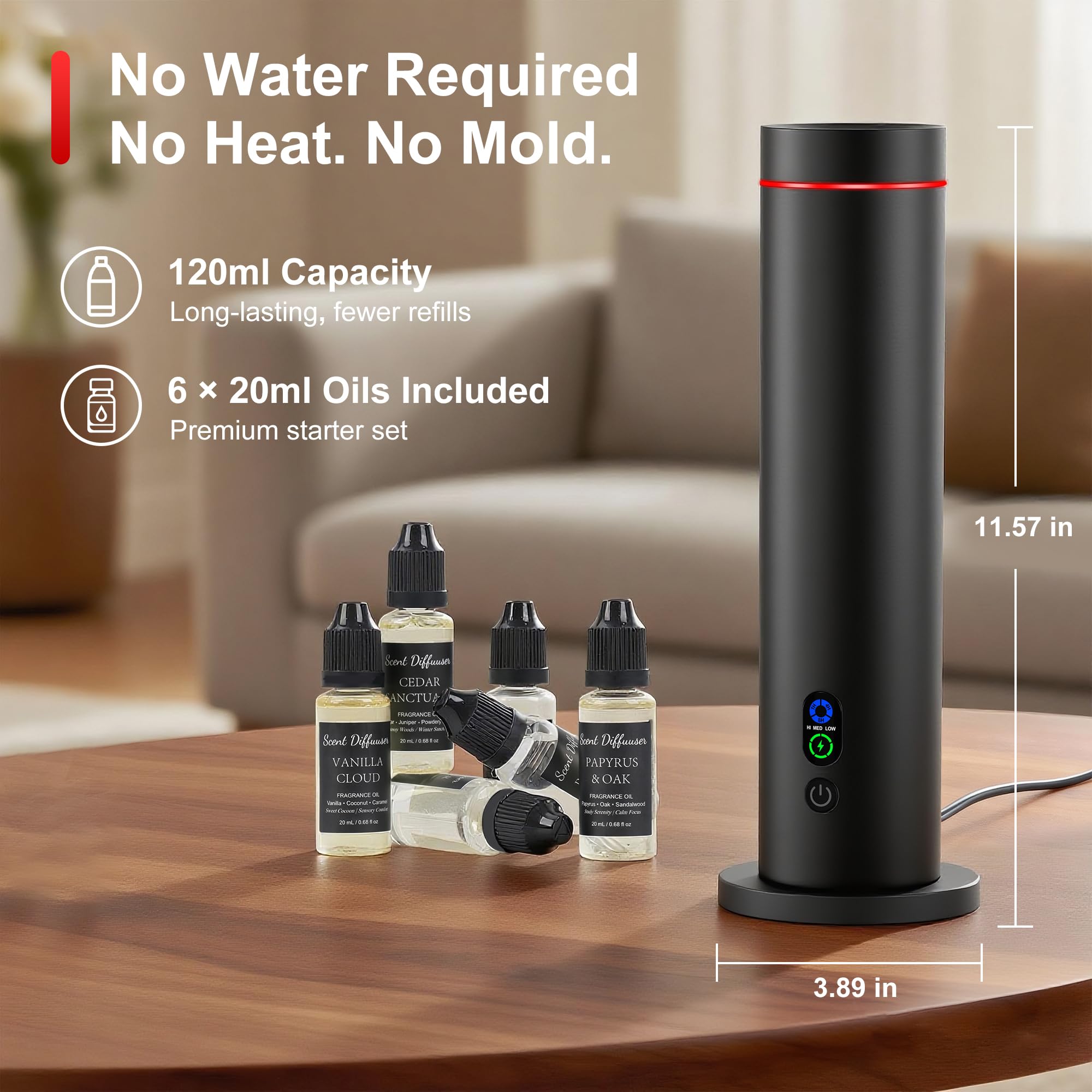 Waterless Diffuser – 1000 Sq Ft Coverage, Remote, Tilt-Safe, Mood Lights (Black)