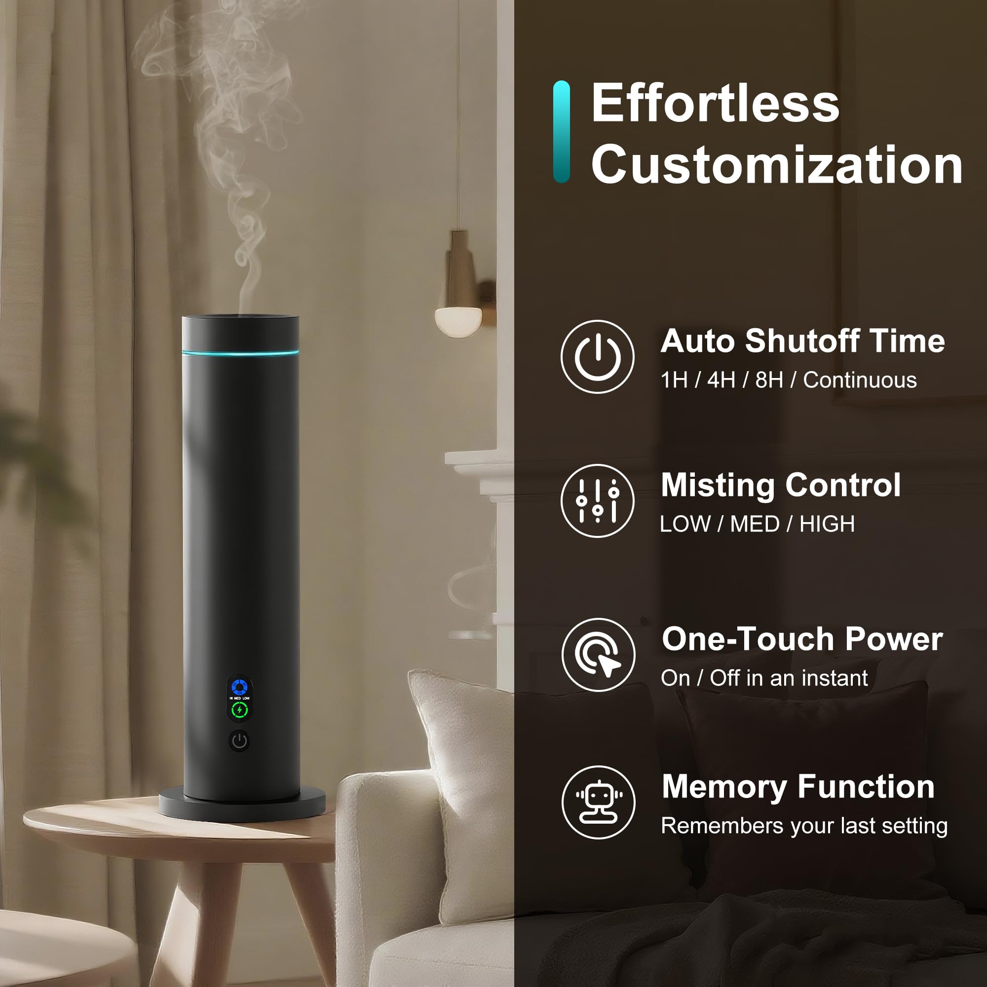 Waterless Diffuser – 1000 Sq Ft Coverage, Remote, Tilt-Safe, Mood Lights (Black)