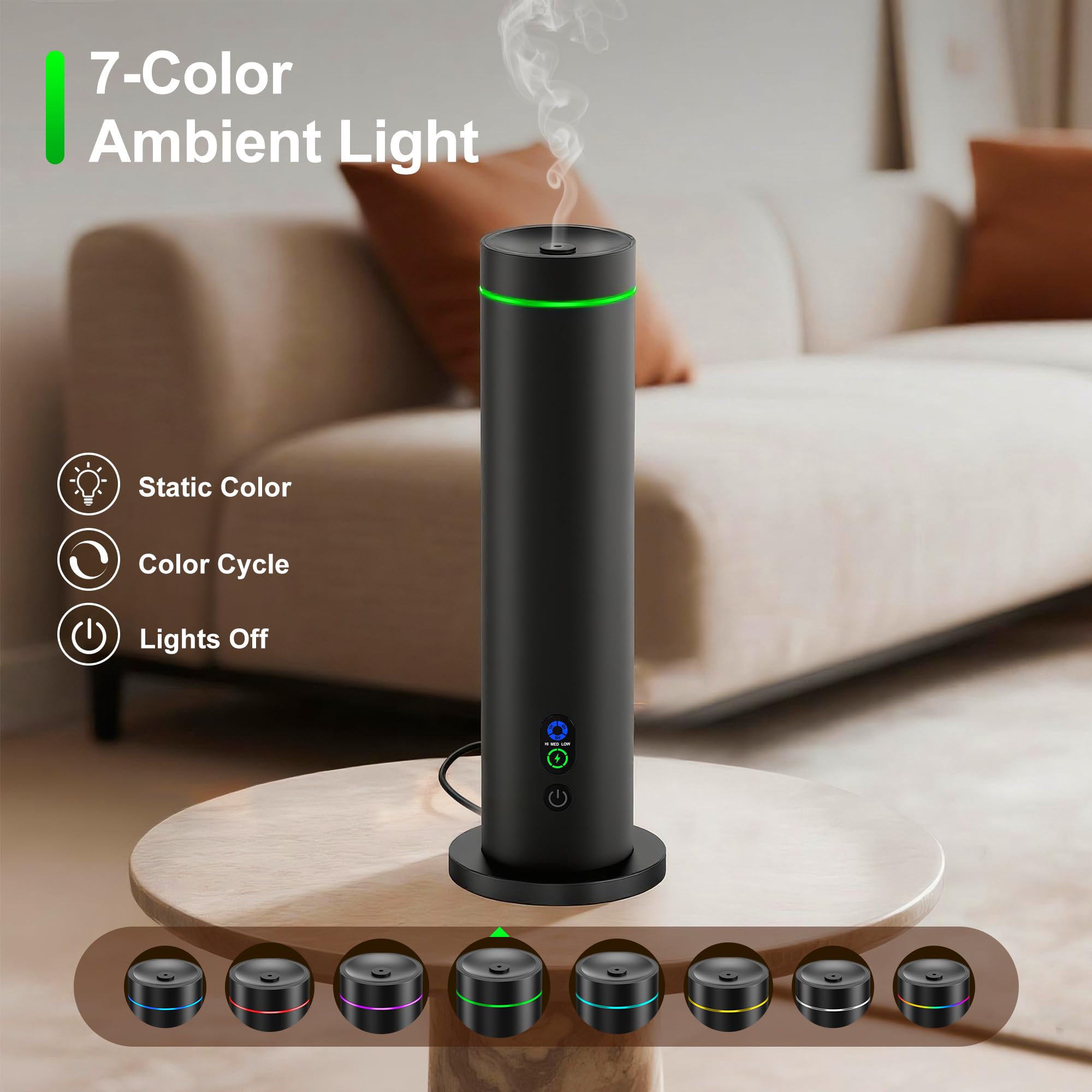 Waterless Diffuser – 1000 Sq Ft Coverage, Remote, Tilt-Safe, Mood Lights (Black)