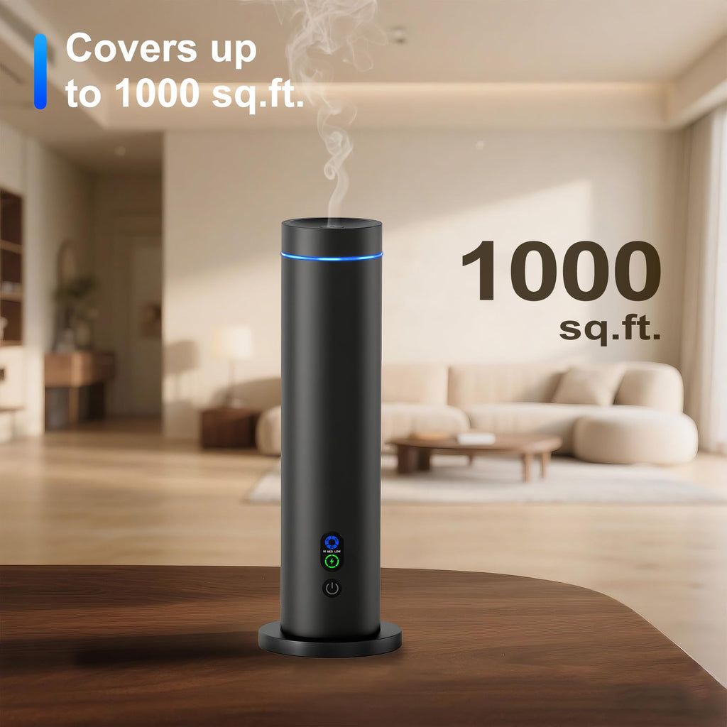 Waterless Diffuser – 1000 Sq Ft Coverage, Remote, Tilt-Safe, Mood Lights (Black)