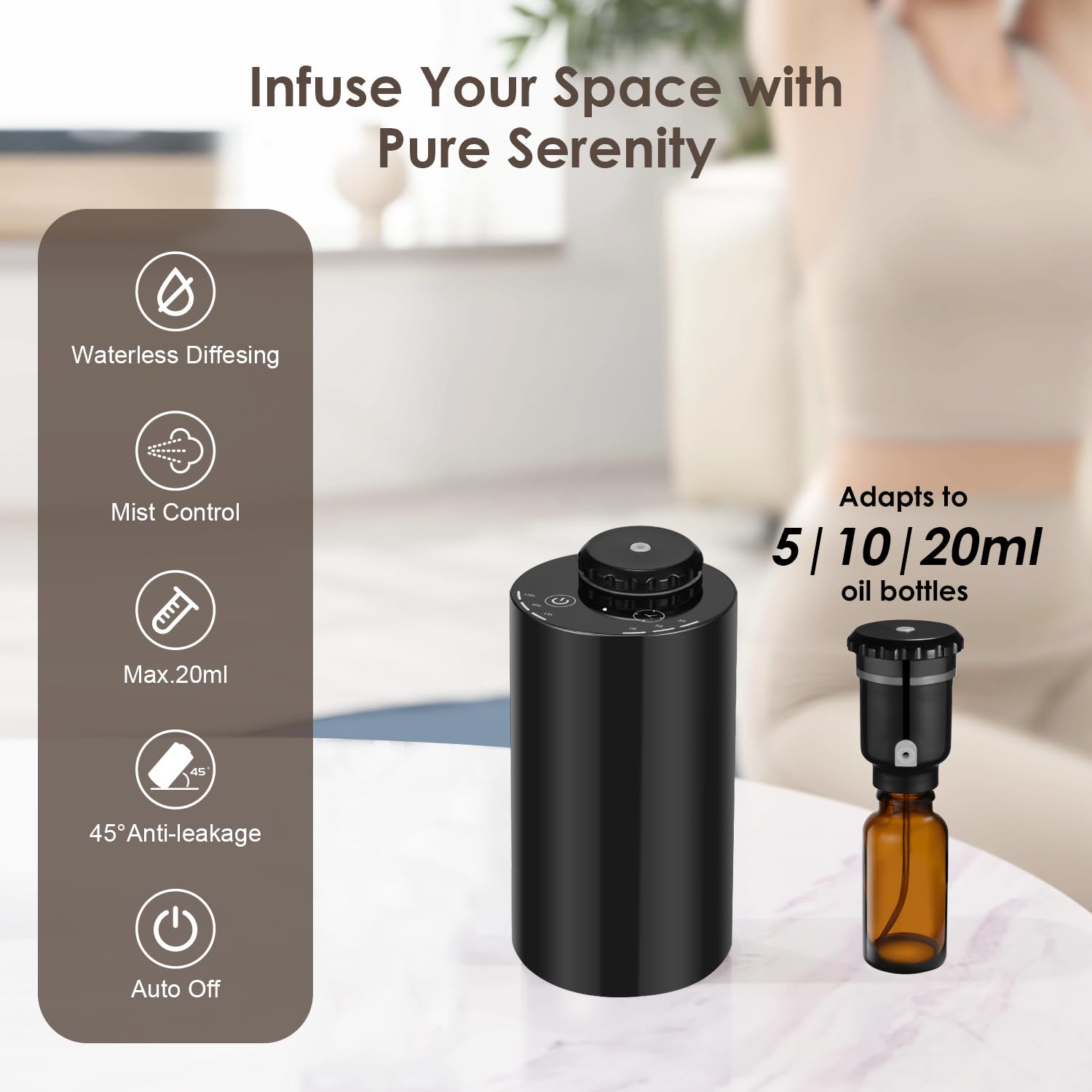 Waterless Diffuser for Essential Oils Nebulizer – 7-Color LED, Battery Powered Mini Diffuser (Black)