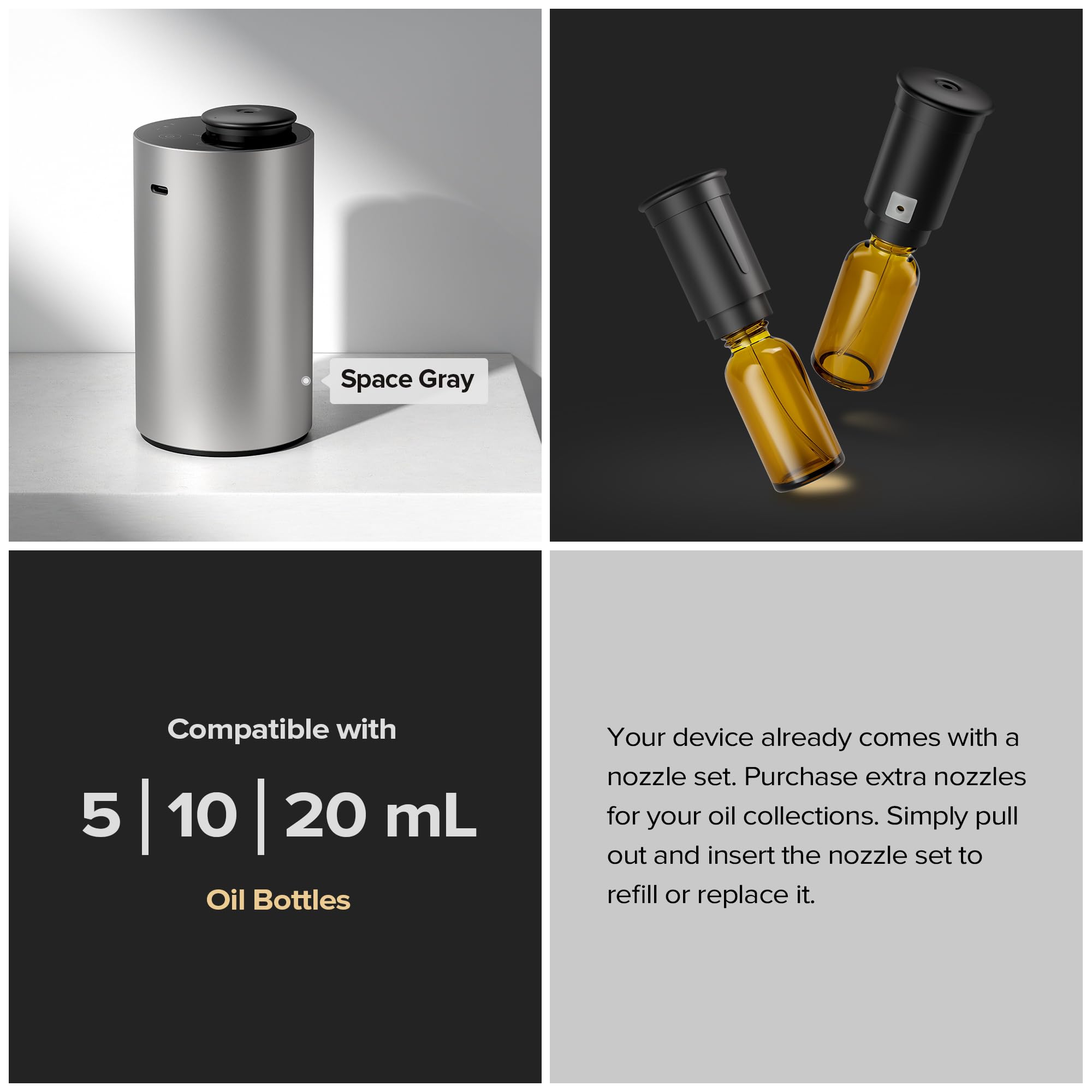 Waterless Essential Oil Diffuser 2 Pack — 3 Timer Settings & 3 Mist Levels (Black/Silver)