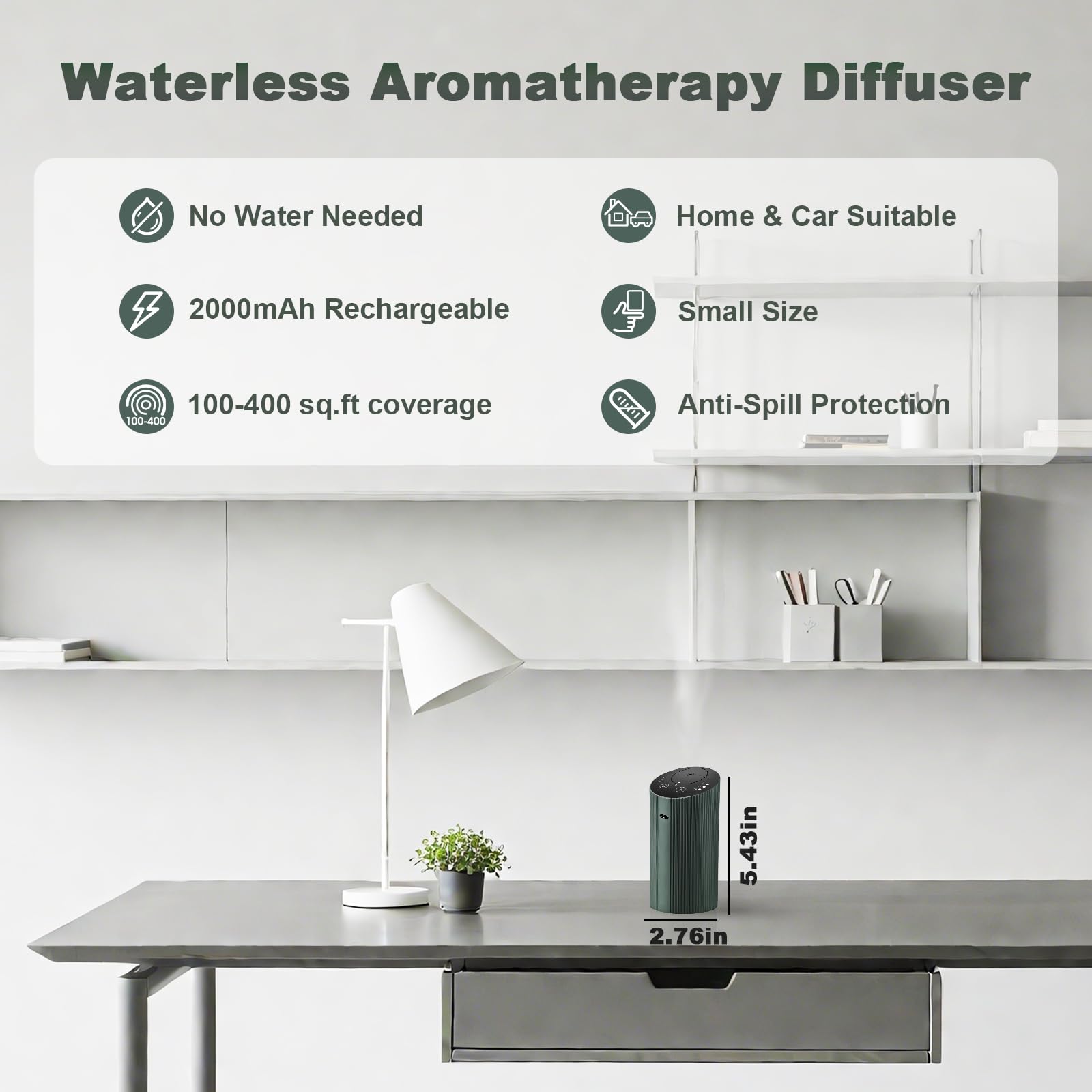 Waterless Essential Oil Diffuser with 4 Timer (1/3/6H & Off) & 3 Mist Levels | Rechargeable Portable Dark Green Aroma Diffuser