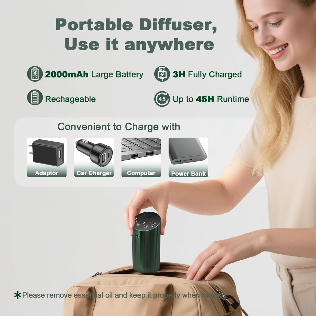 Waterless Essential Oil Diffuser with 4 Timer (1/3/6H & Off) & 3 Mist Levels | Rechargeable Portable Dark Green Aroma Diffuser