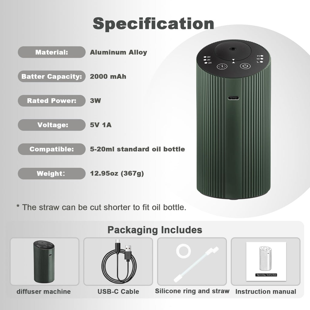 Waterless Essential Oil Diffuser with 4 Timer (1/3/6H & Off) & 3 Mist Levels | Rechargeable Portable Dark Green Aroma Diffuser