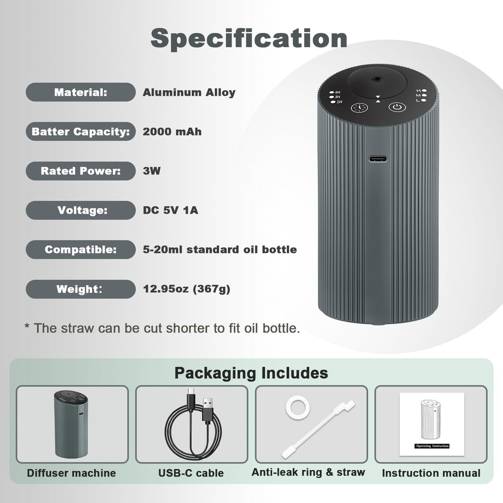 Waterless Essential Oil Diffuser – Portable Rechargeable Aroma Diffuser (4 Timers, 3 Mist Levels) Silver Grey