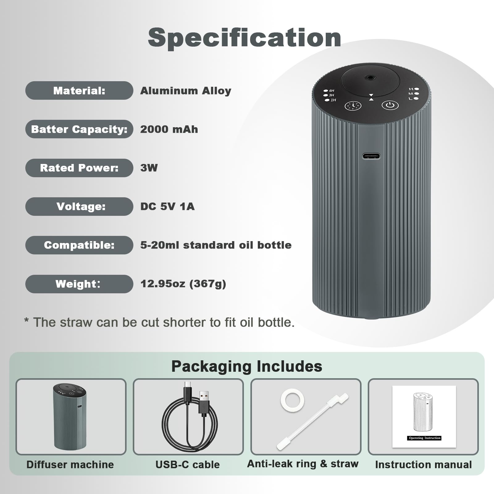 Waterless Essential Oil Diffuser – Portable Rechargeable Aroma Diffuser (4 Timers, 3 Mist Levels) Silver Grey