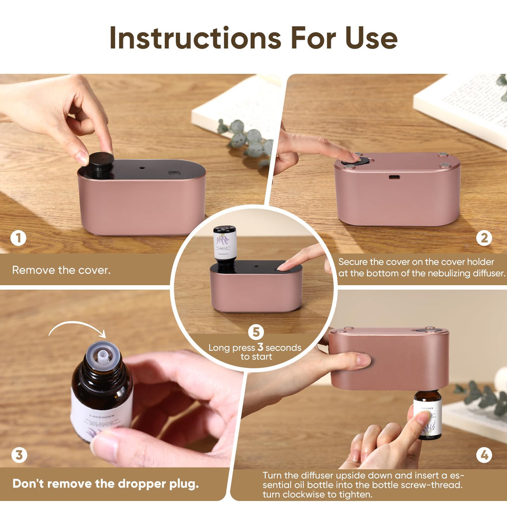 Waterless Diffuser for Home Essential Oils — Rose Gold, 3 Mist Modes, Portable Aromatherapy (160-350 sq ft)