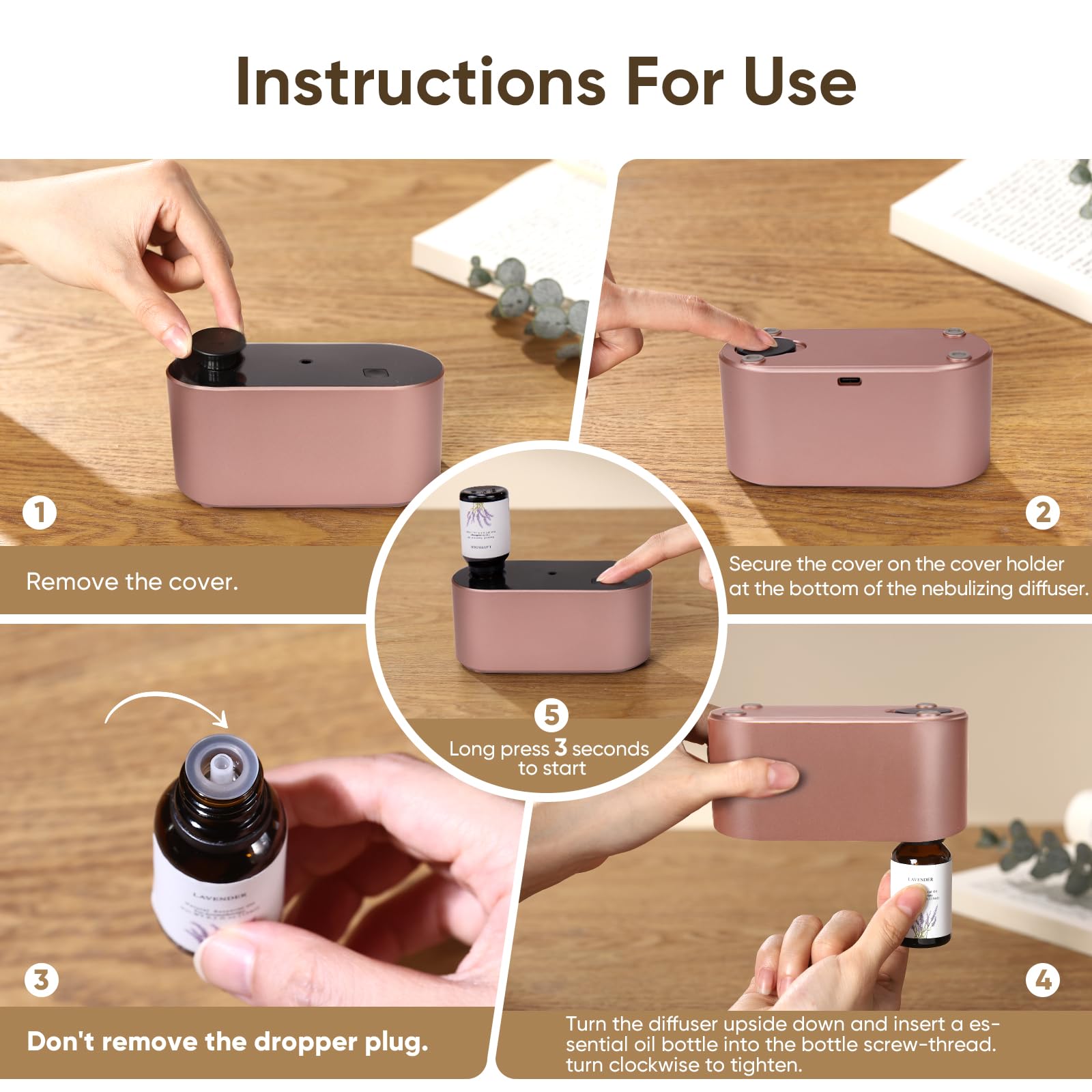 Waterless Diffuser for Home Essential Oils — Rose Gold, 3 Mist Modes, Portable Aromatherapy (160-350 sq ft)