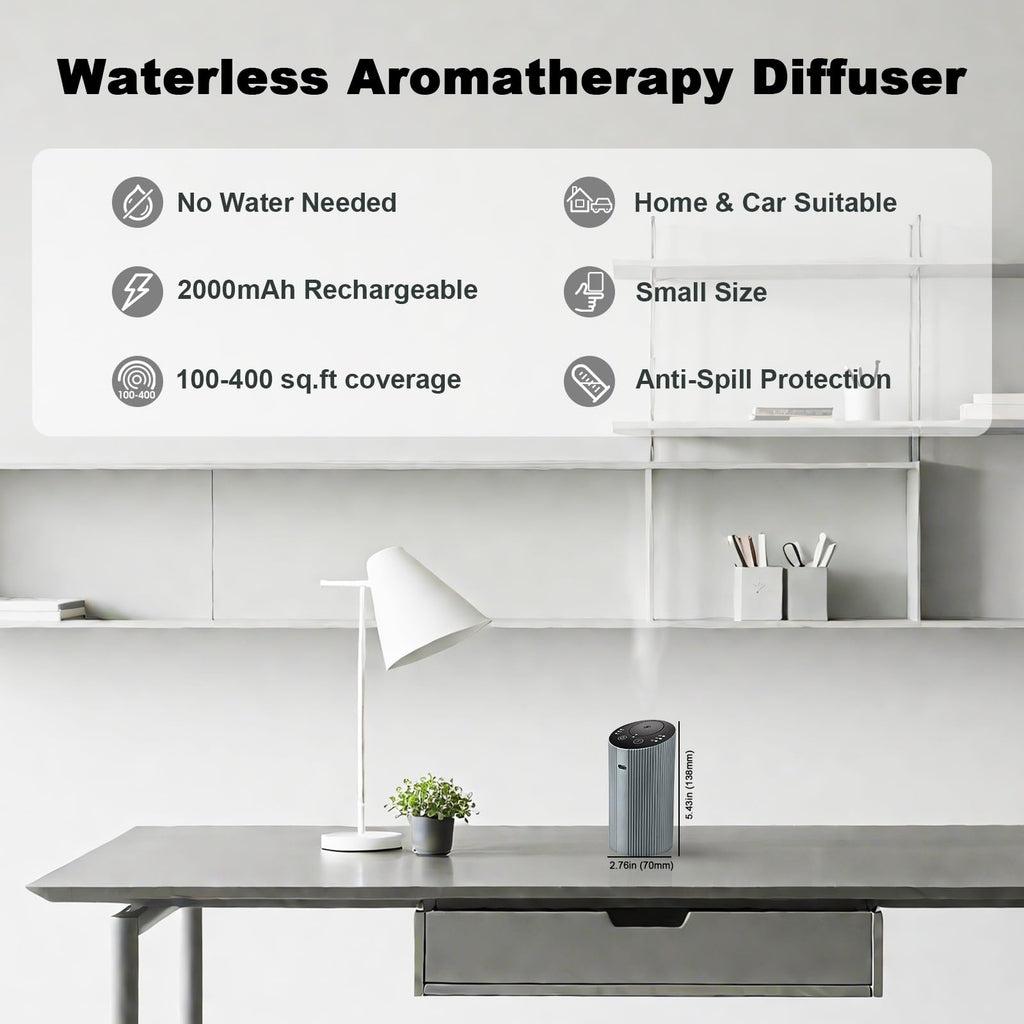 Waterless Essential Oil Diffuser – Portable Rechargeable Aroma Diffuser (4 Timers, 3 Mist Levels) Silver Grey