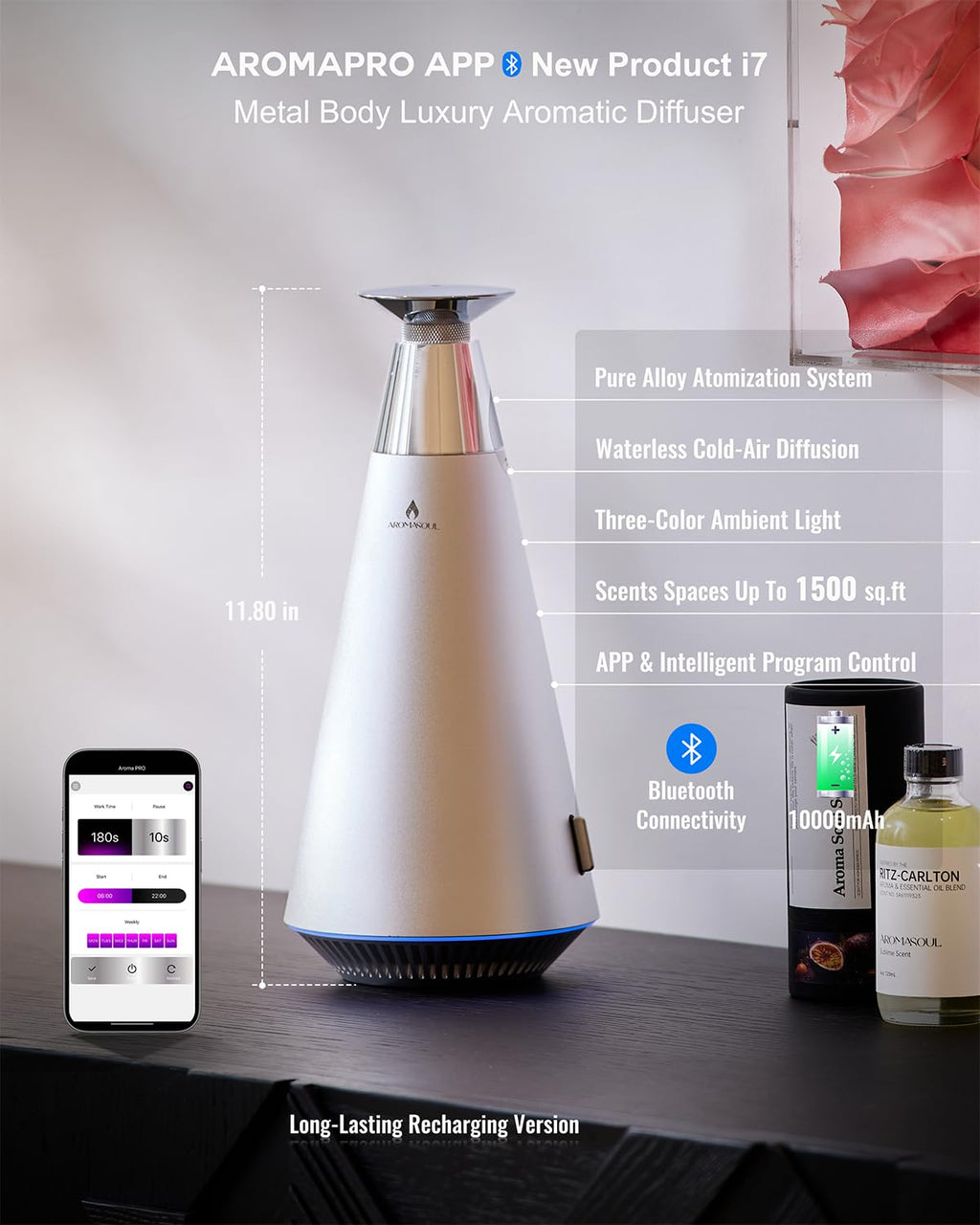 Waterless Scent Diffuser Starter Kit - 1500 Sq Ft Coverage, Alloy Atomization, Smart Rechargeable Diffuser, 120ml Oil, Silver