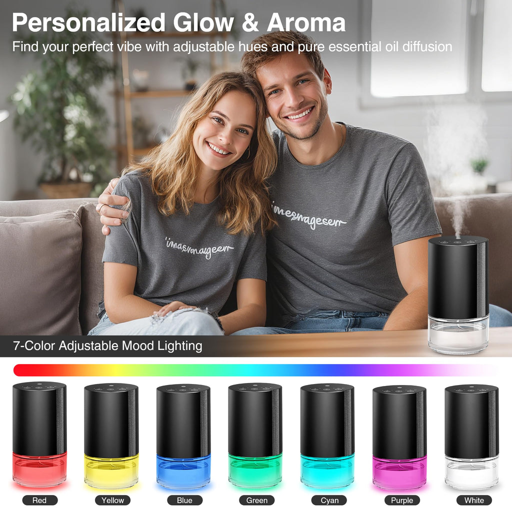Waterless Essential Oil Diffuser Starter Kit – 3x20ml Oils, Battery Operated, 7-Color Light, 100ml, Black