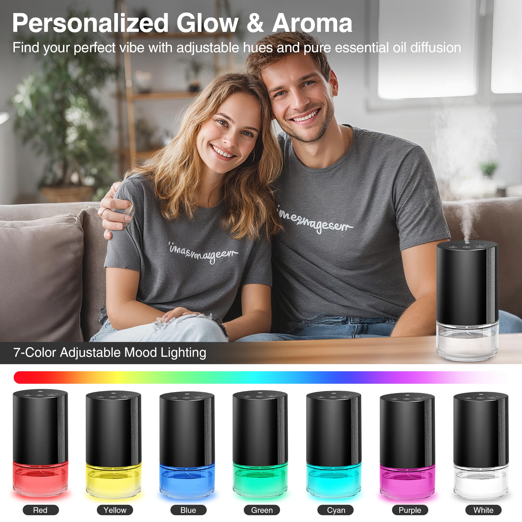 Waterless Essential Oil Diffuser Starter Kit – 3x20ml Oils, Battery Operated, 7-Color Light, 100ml, Black