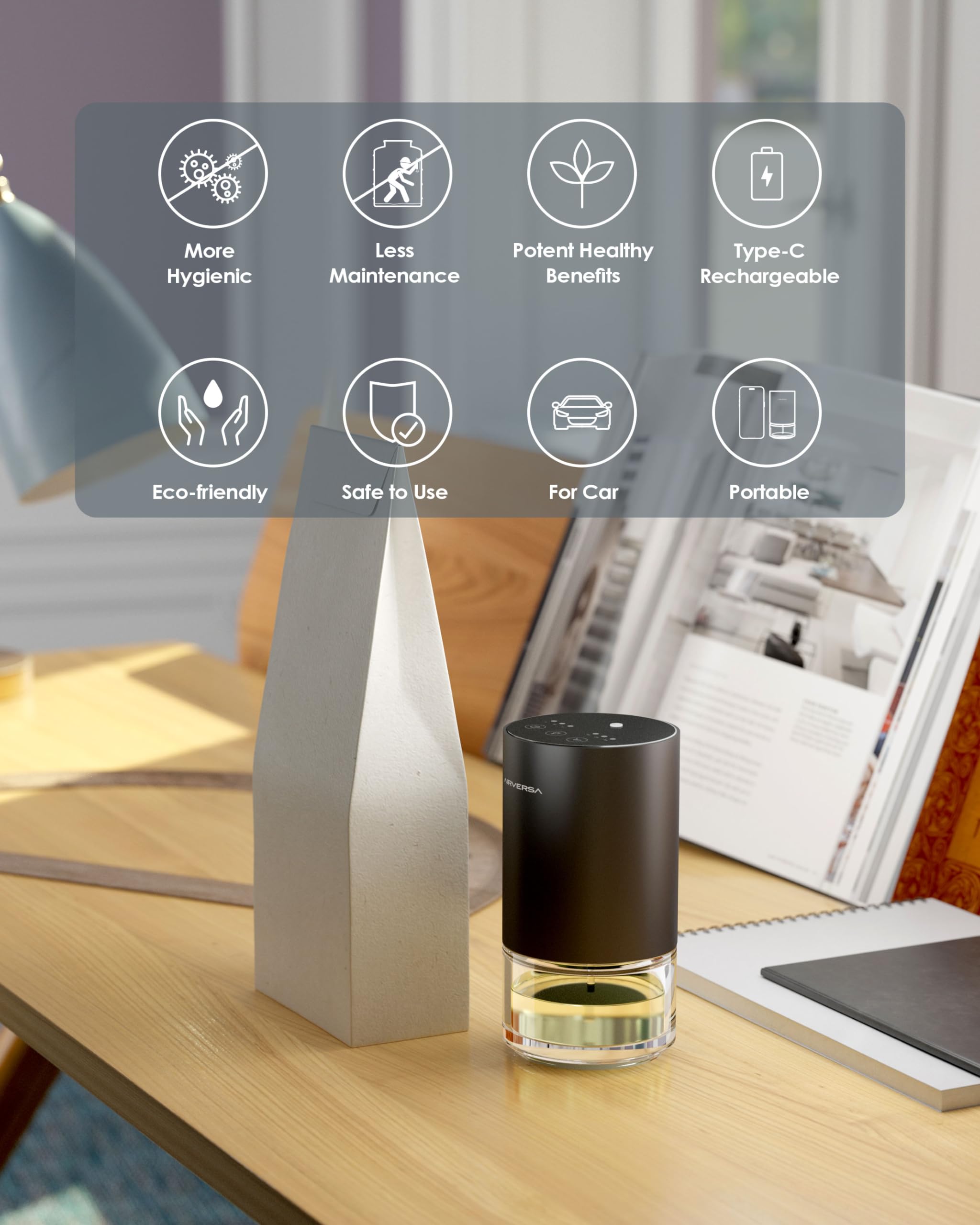 Waterless Essential Oil Diffuser Starter Kit – 30mL Fragrance Oil, Battery-Operated, Black AN9
