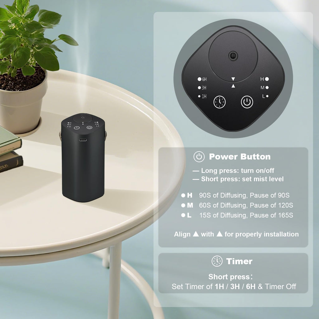 Waterless Essential Oil Diffuser with Handle – Portable Cordless Aroma Diffuser for Car, Home, Office, Bathroom | Black