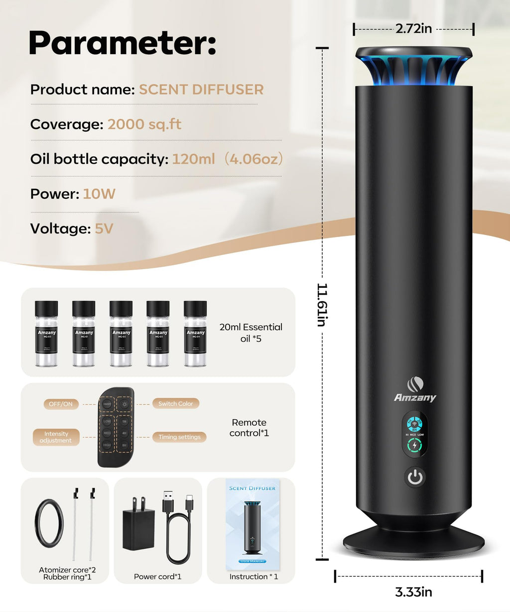 Waterless Scent Diffuser Kit – 7 Light Modes, Remote, 2000 sq ft Coverage | Aromatherapy Diffuser