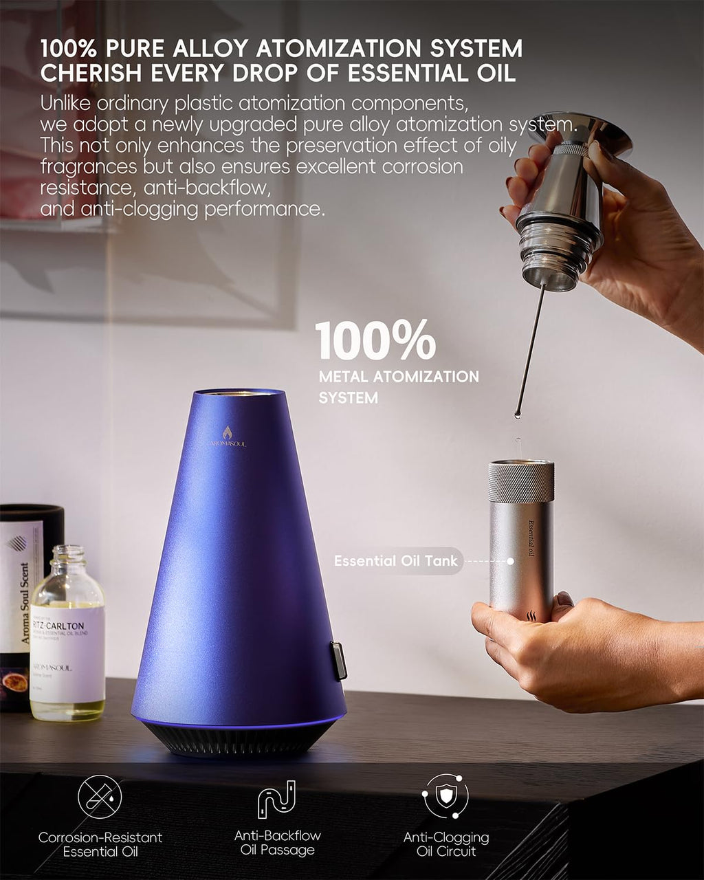Waterless Scent Diffuser Starter Kit - 1500 Sq Ft Coverage, Alloy Atomization, Smart Rechargeable Diffuser