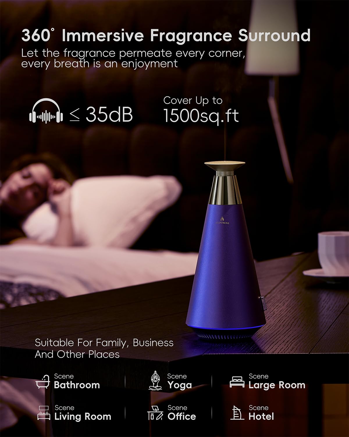 Waterless Scent Diffuser Starter Kit - 1500 Sq Ft Coverage, Alloy Atomization, Smart Rechargeable Diffuser