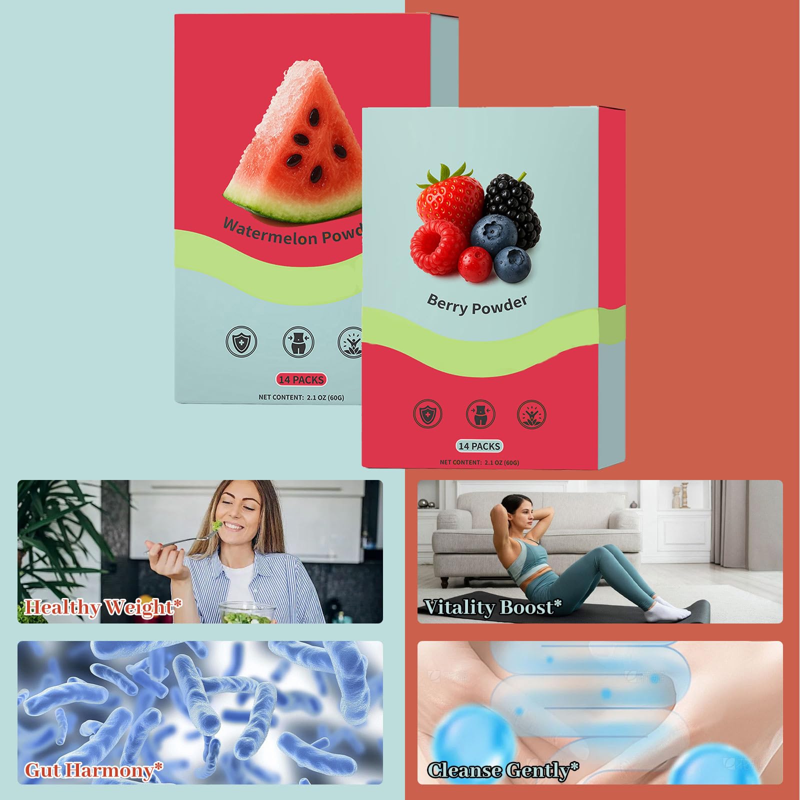Watermelon & Berry Powder – Natural Antioxidant & Greens Mix (Plant-Based, Digestive Support) – 28 Servings (Watermelon+Blue Raspberry)