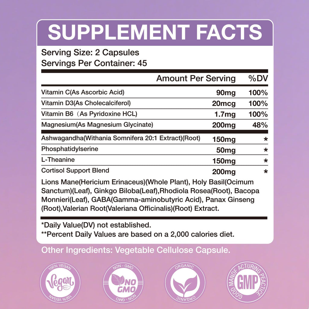WAZQ Cortisol Supplements for Women with Magnesium, Ashwagandha & L-Theanine – 90 Capsules