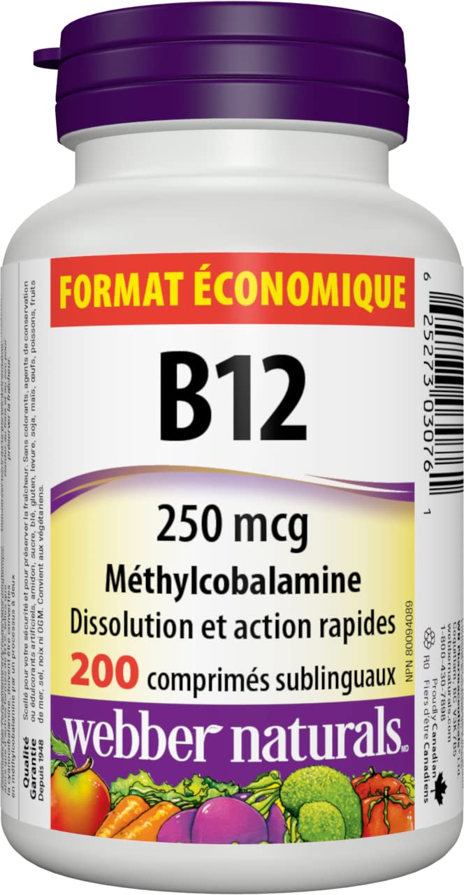 Webber Naturals Vitamin B12 250 mcg Methylcobalamin Sublingual Tablets – 200