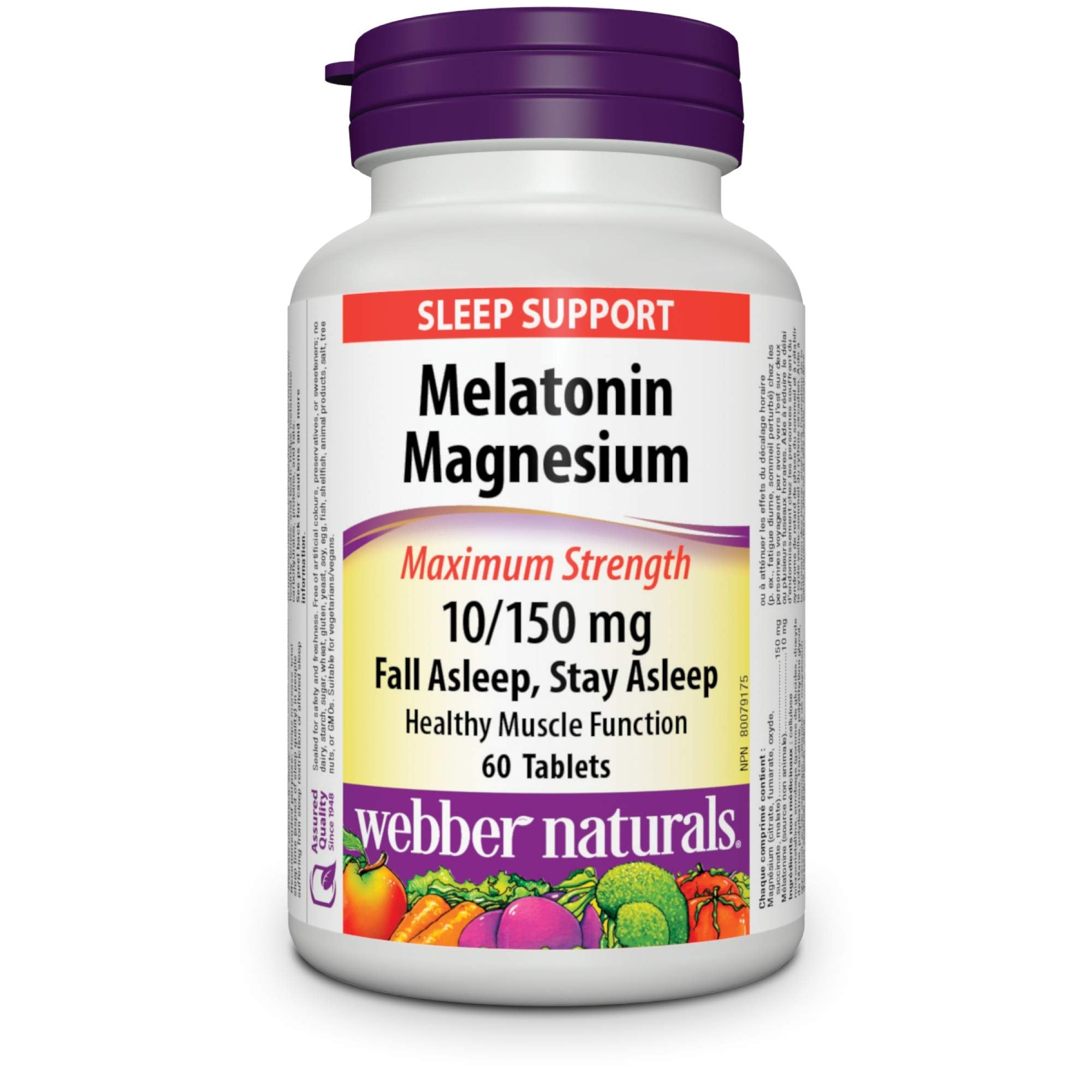 Webber Naturals Melatonin Magnesium 10/150 mg – Maximum Strength, 60 Tablets | Sleep Support, Muscle Function, Relaxation | Vegan