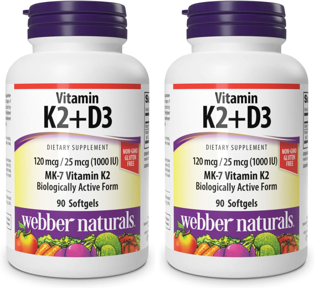 Webber Naturals Vitamin K2 MK-7 120 mcg + Vitamin D3 1000 IU - 90 Softgels | Gluten Free, Non-GMO | Pack of 2