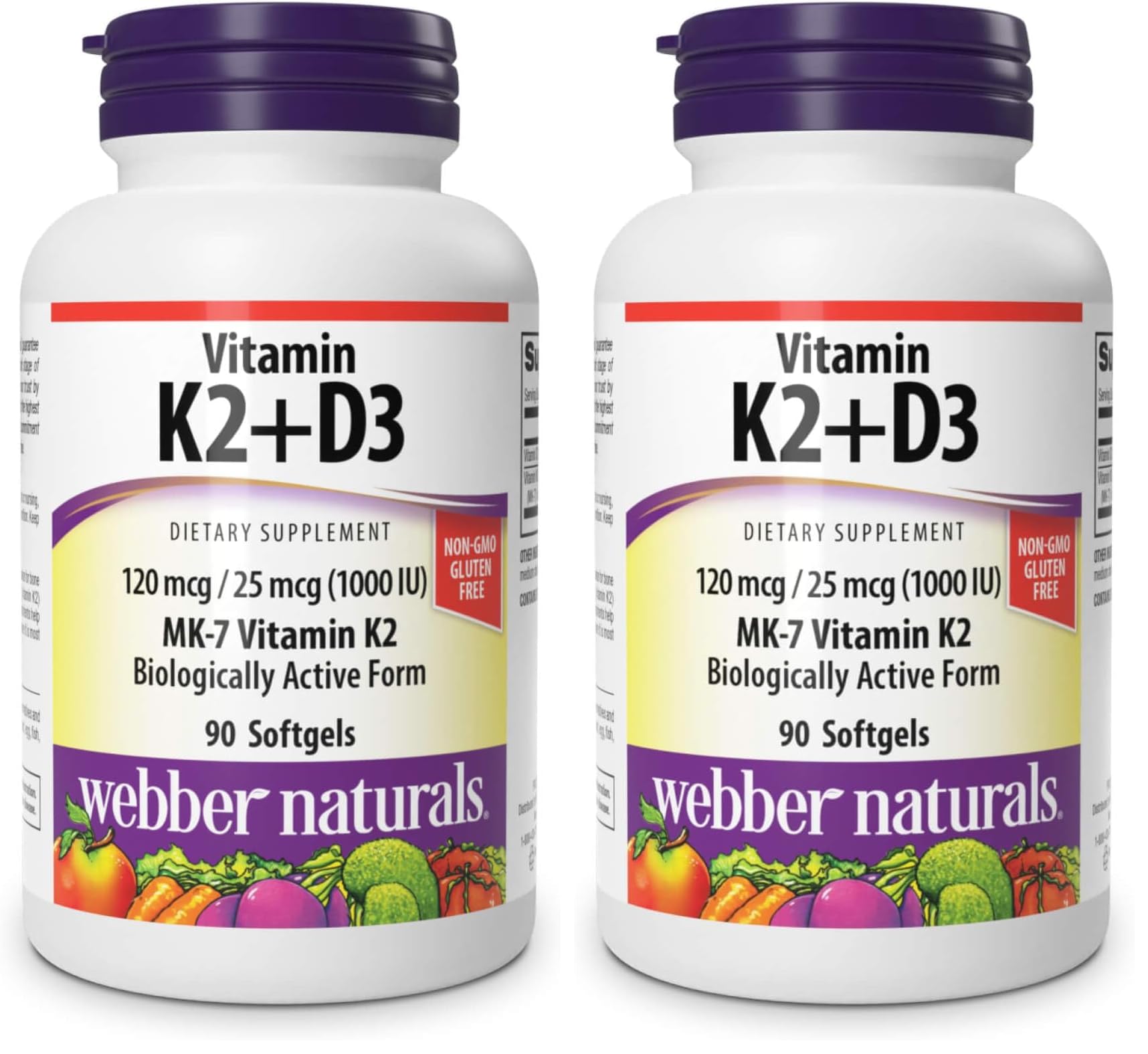 Webber Naturals Vitamin K2 MK-7 120 mcg + Vitamin D3 1000 IU - 90 Softgels | Gluten Free, Non-GMO | Pack of 2