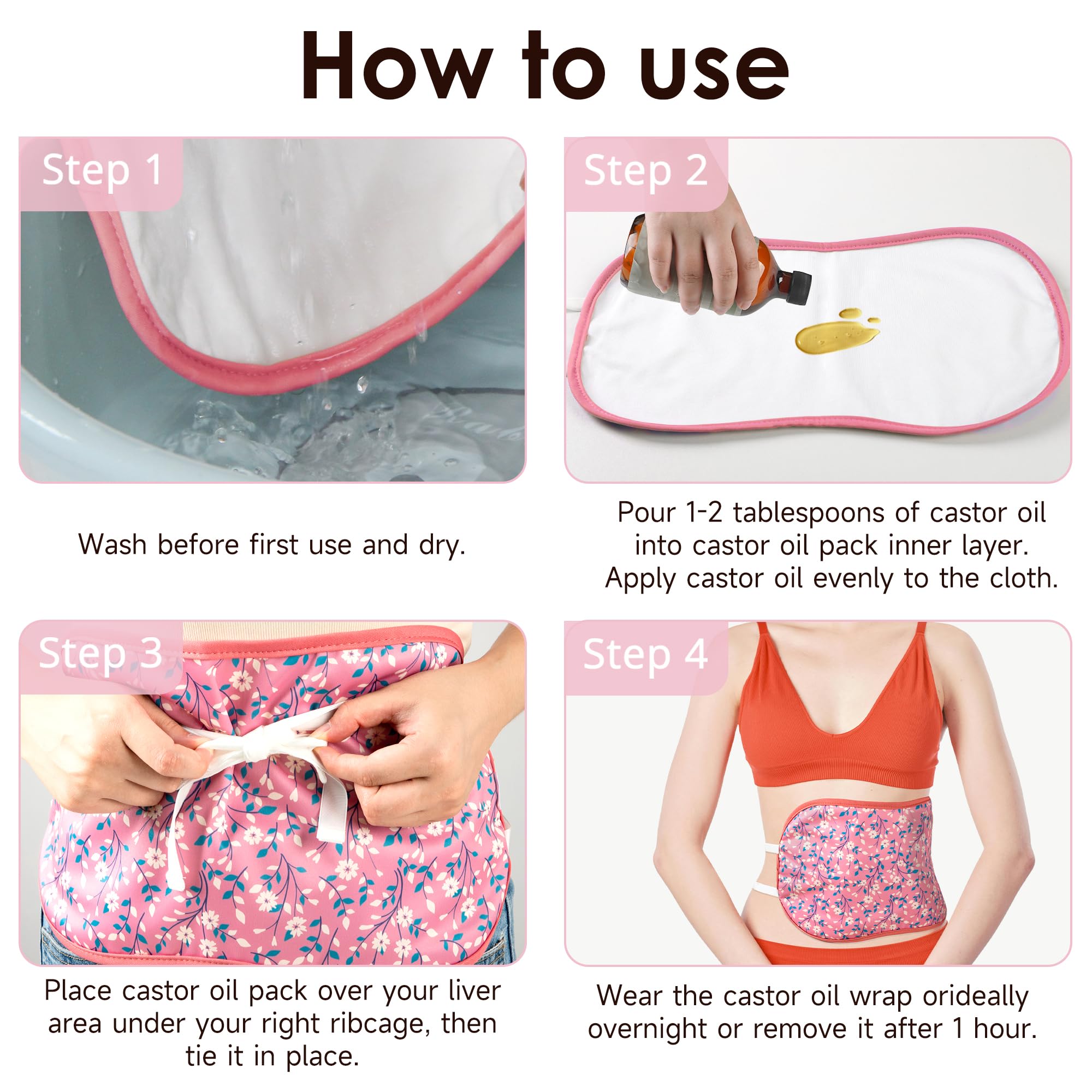 Wegreeco Castor Oil Pack Wrap – Reusable, Adjustable, Pink Flowers (Oil Not Included)