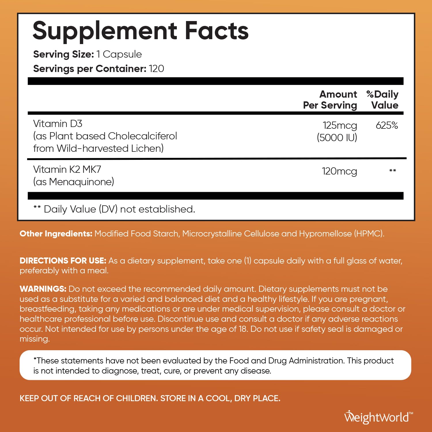 WeightWorld Vegan Vitamin D3 K2 – 120 Capsules, 5000 IU D3 & 120 mcg K2 MK7