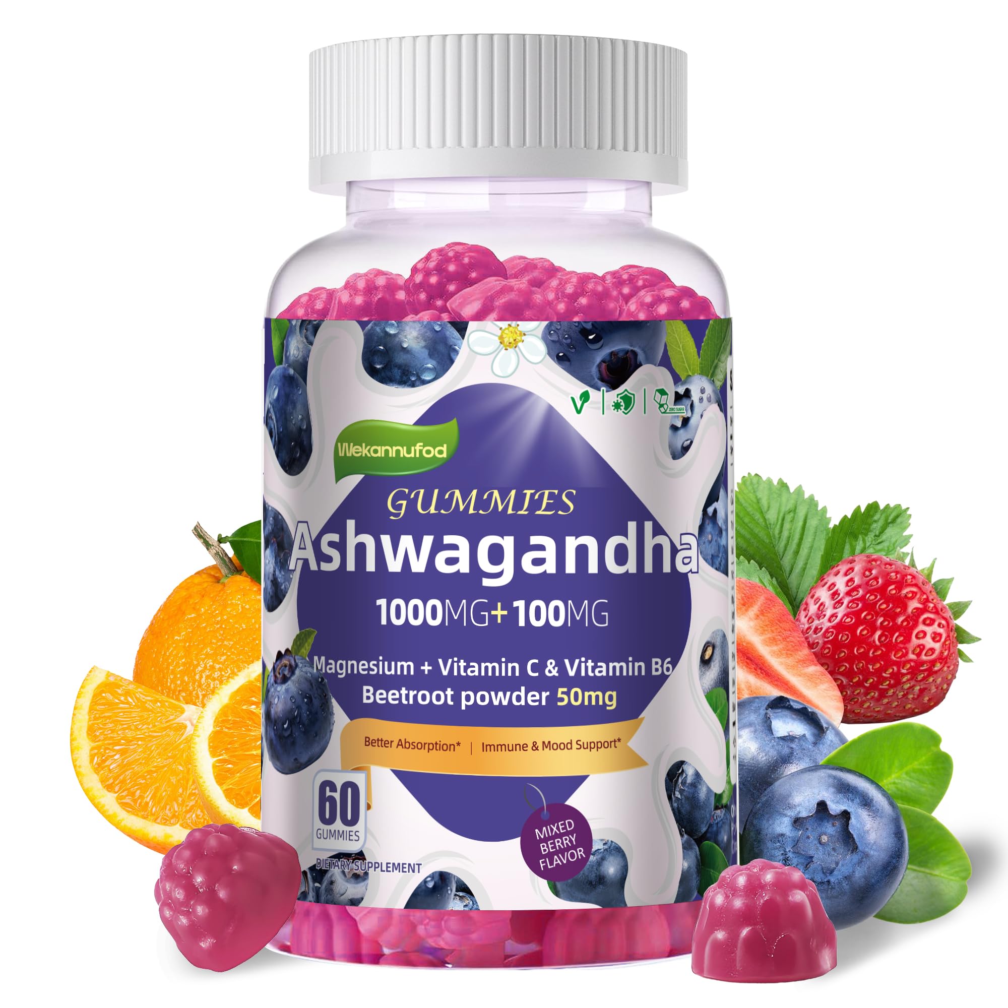 Wekannufod Ashwagandha Gummies 1000mg + Vitamin D3 - 60 Count, Organic Root Extract, Stress Relief & Sleep Support