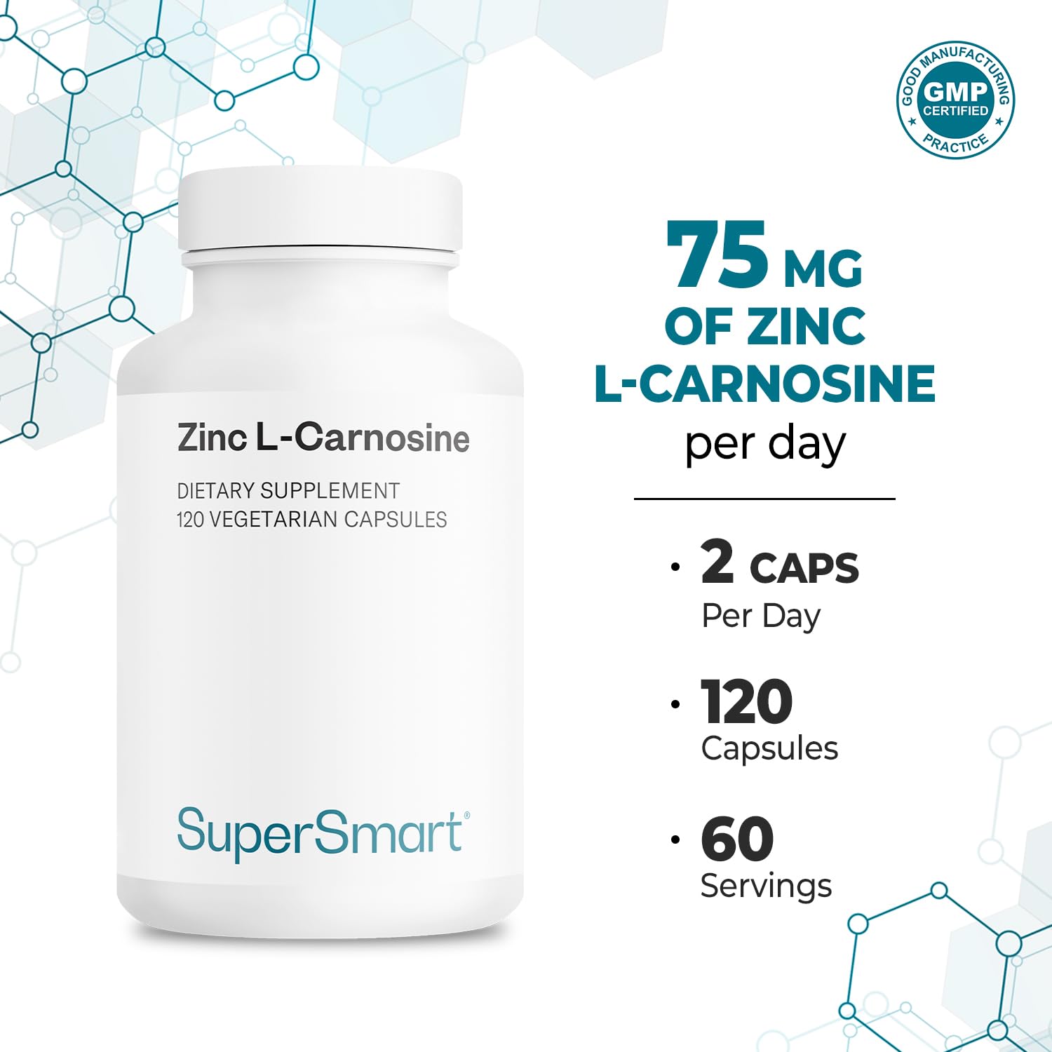 SuperSmart - Zinc L-Carnosine 75mg per Day (Well-Tolerated) - Zinc Carnosine Supplement | Non-GMO & Gluten Free - 120 Vegetarian Capsules