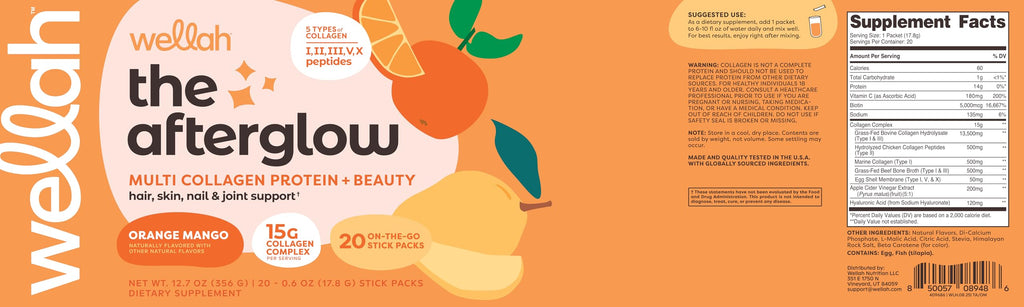 Wellah The Afterglow Multi Collagen Protein + Beauty — Orange Mango, 20 Stickpacks