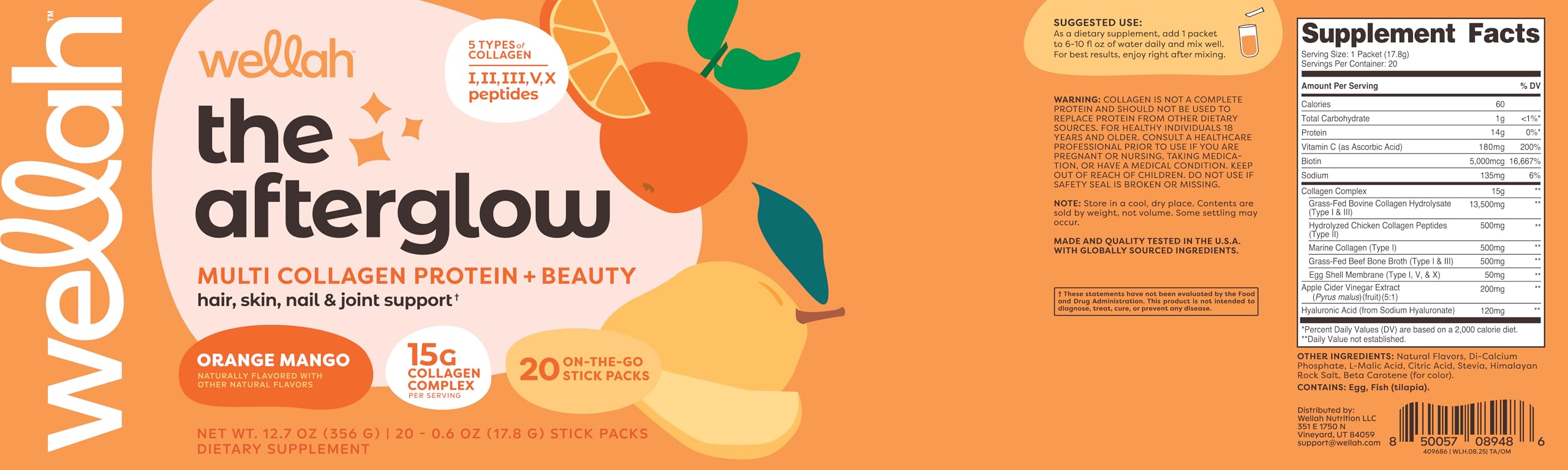Wellah The Afterglow Multi Collagen Protein + Beauty — Orange Mango, 20 Stickpacks