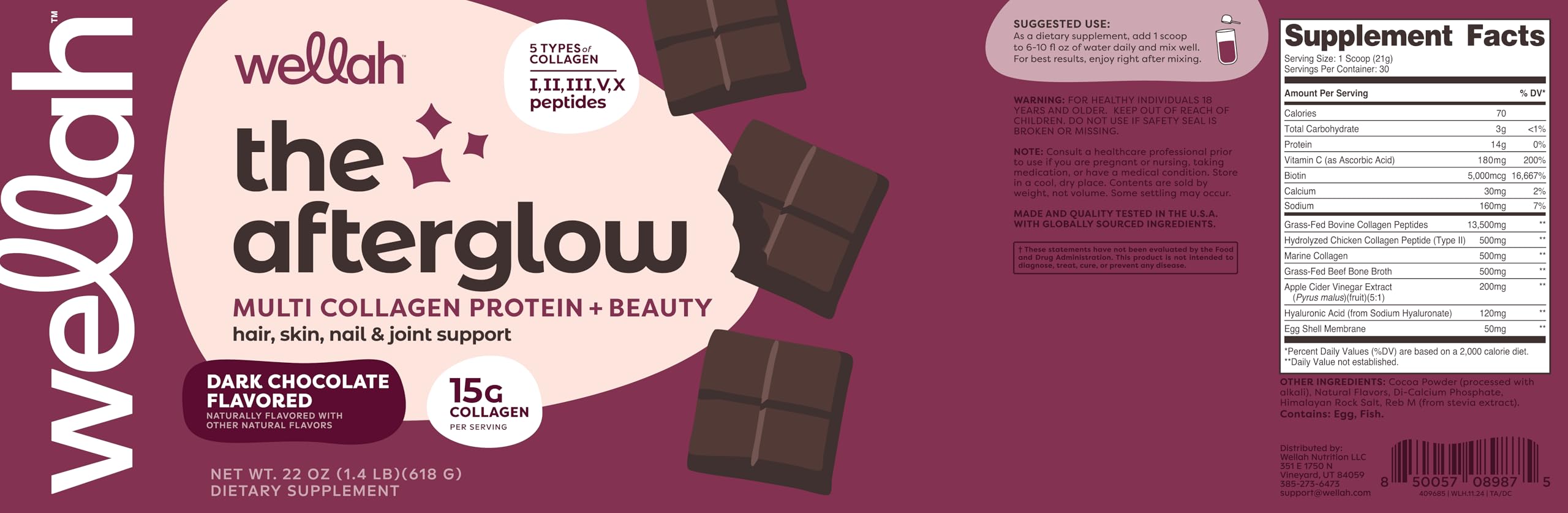 Wellah The Afterglow Multi Collagen Protein + Beauty (Dark Chocolate Flavored) 30 Servings