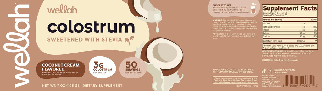 Wellah Colostrum Coconut Cream – 50 Servings, 3g Per Serving, Stevia-Sweetened