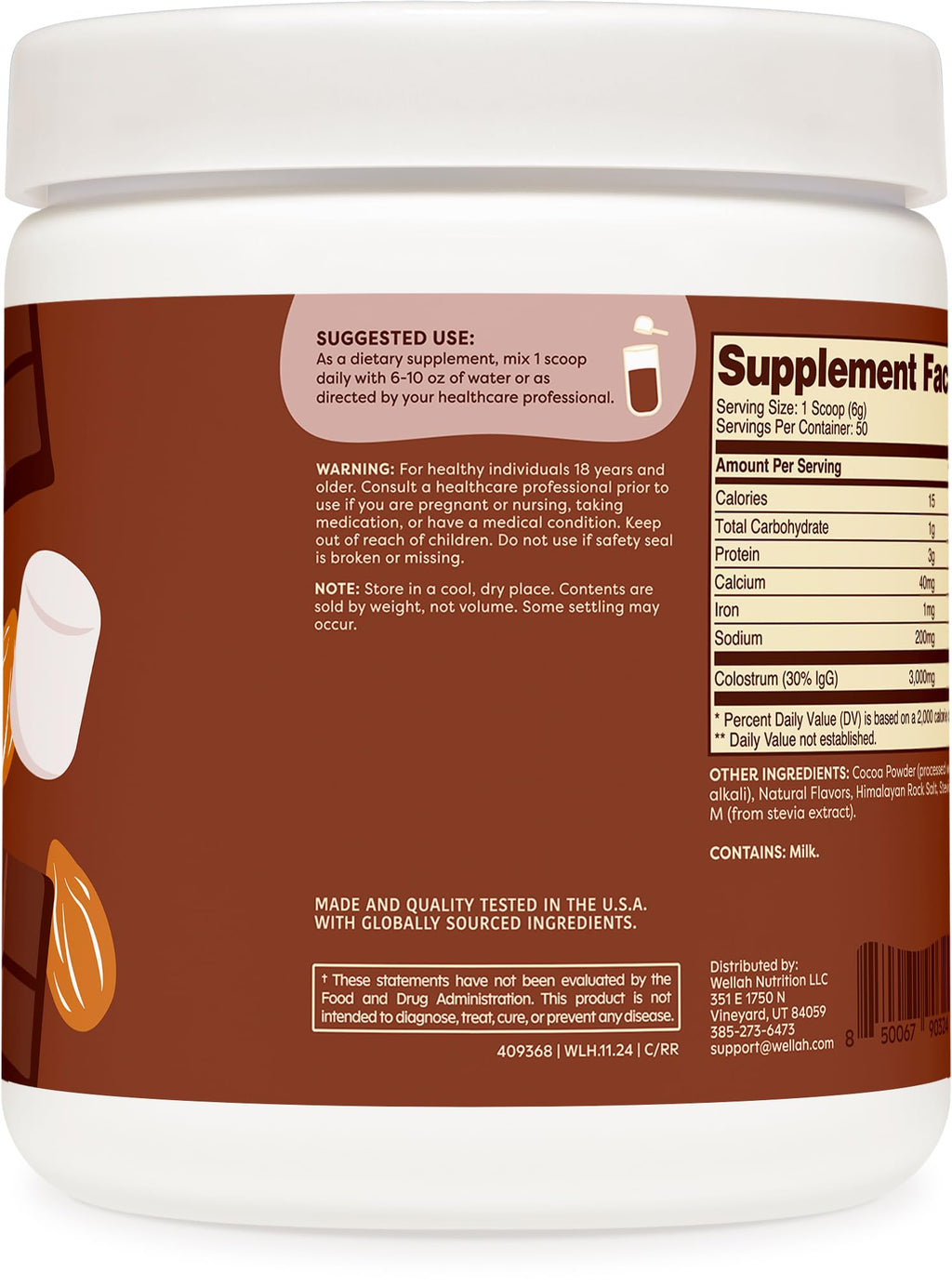 Wellah Colostrum Rocky Road Flavored (50 Servings) – 3g Colostrum Per Serving, Stevia-Sweetened Dietary Supplement