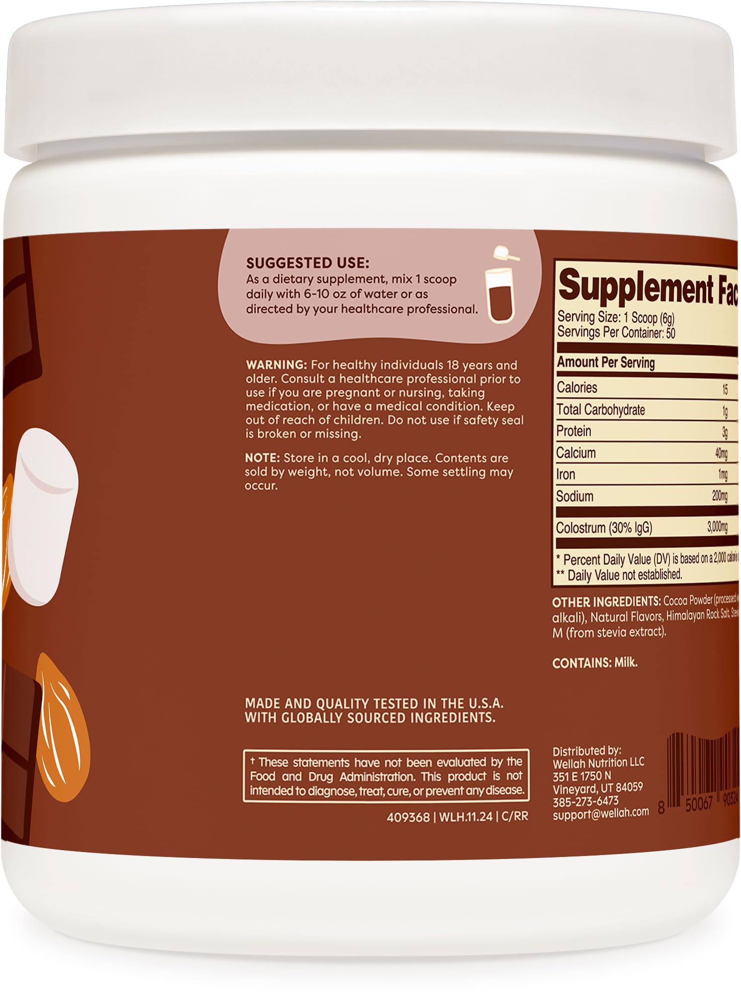 Wellah Colostrum Rocky Road Flavored (50 Servings) – 3g Colostrum Per Serving, Stevia-Sweetened Dietary Supplement