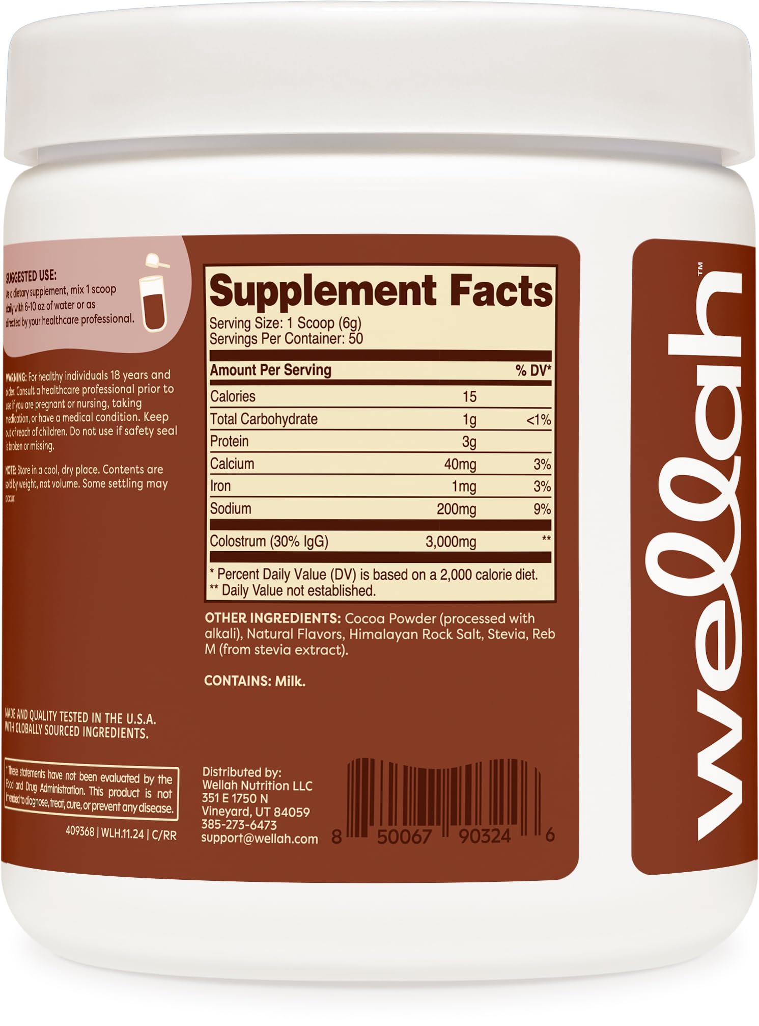 Wellah Colostrum Rocky Road Flavored (50 Servings) – 3g Colostrum Per Serving, Stevia-Sweetened Dietary Supplement