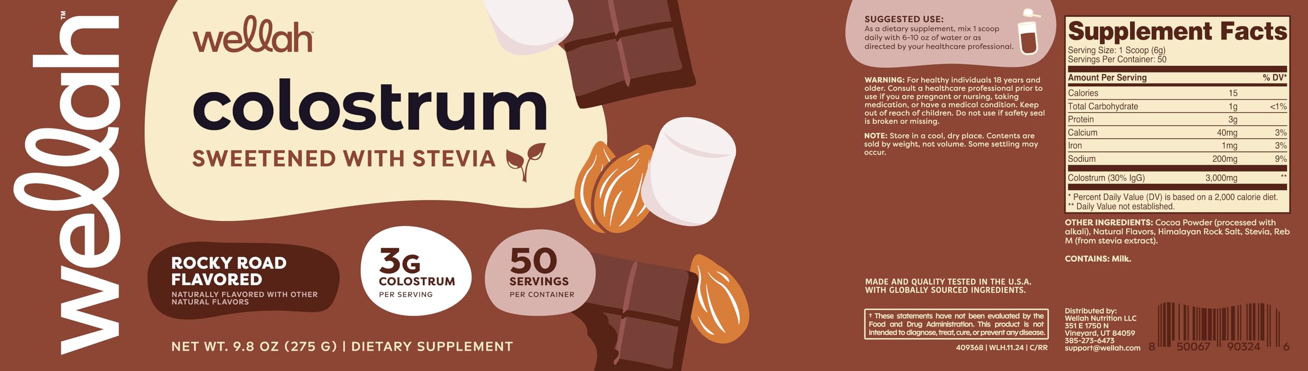 Wellah Colostrum Rocky Road Flavored (50 Servings) – 3g Colostrum Per Serving, Stevia-Sweetened Dietary Supplement