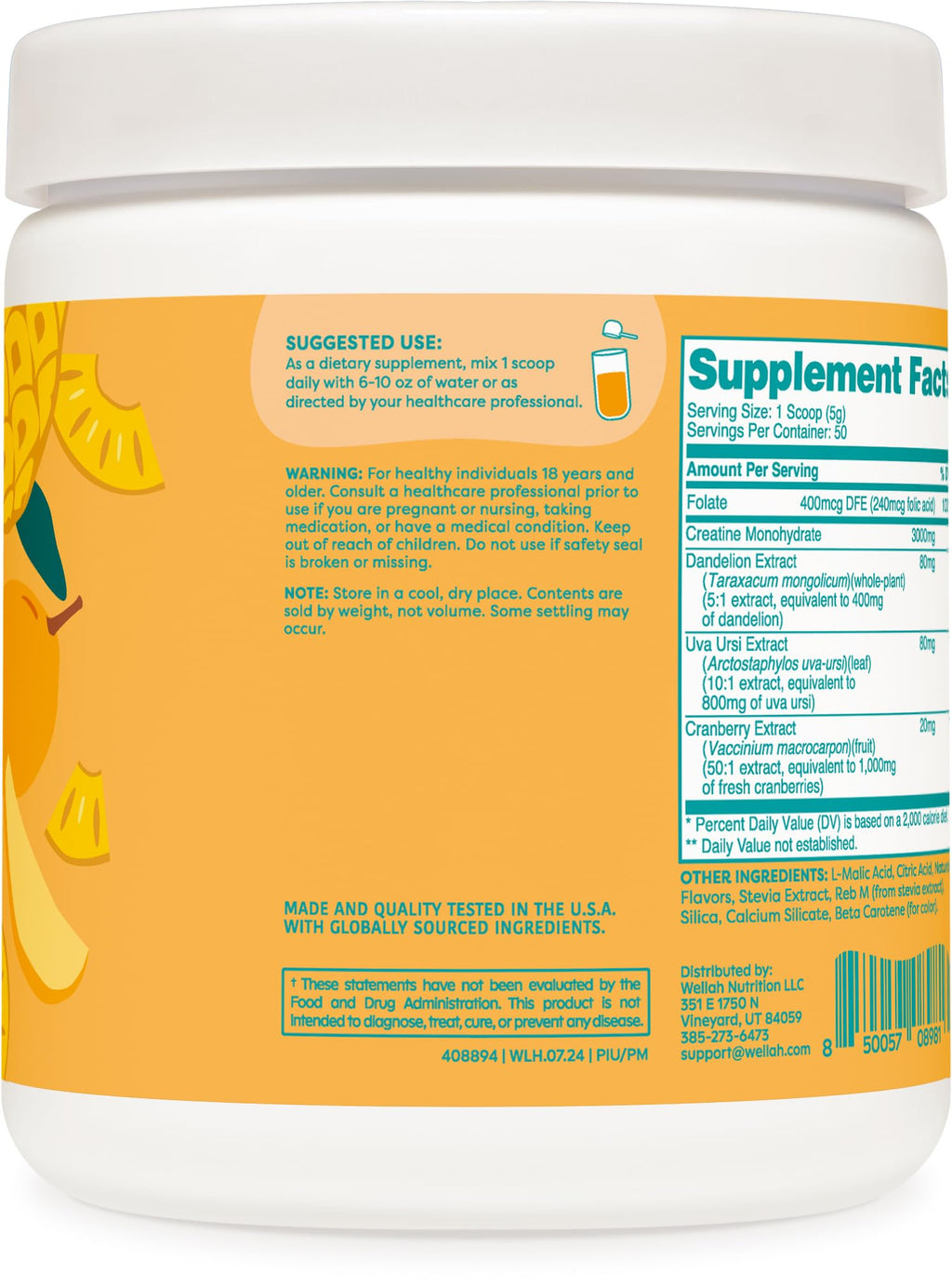 Wellah Creatine for Women Pineapple Mango | 50 Servings | Creatine Monohydrate with Dandelion & Cranberry