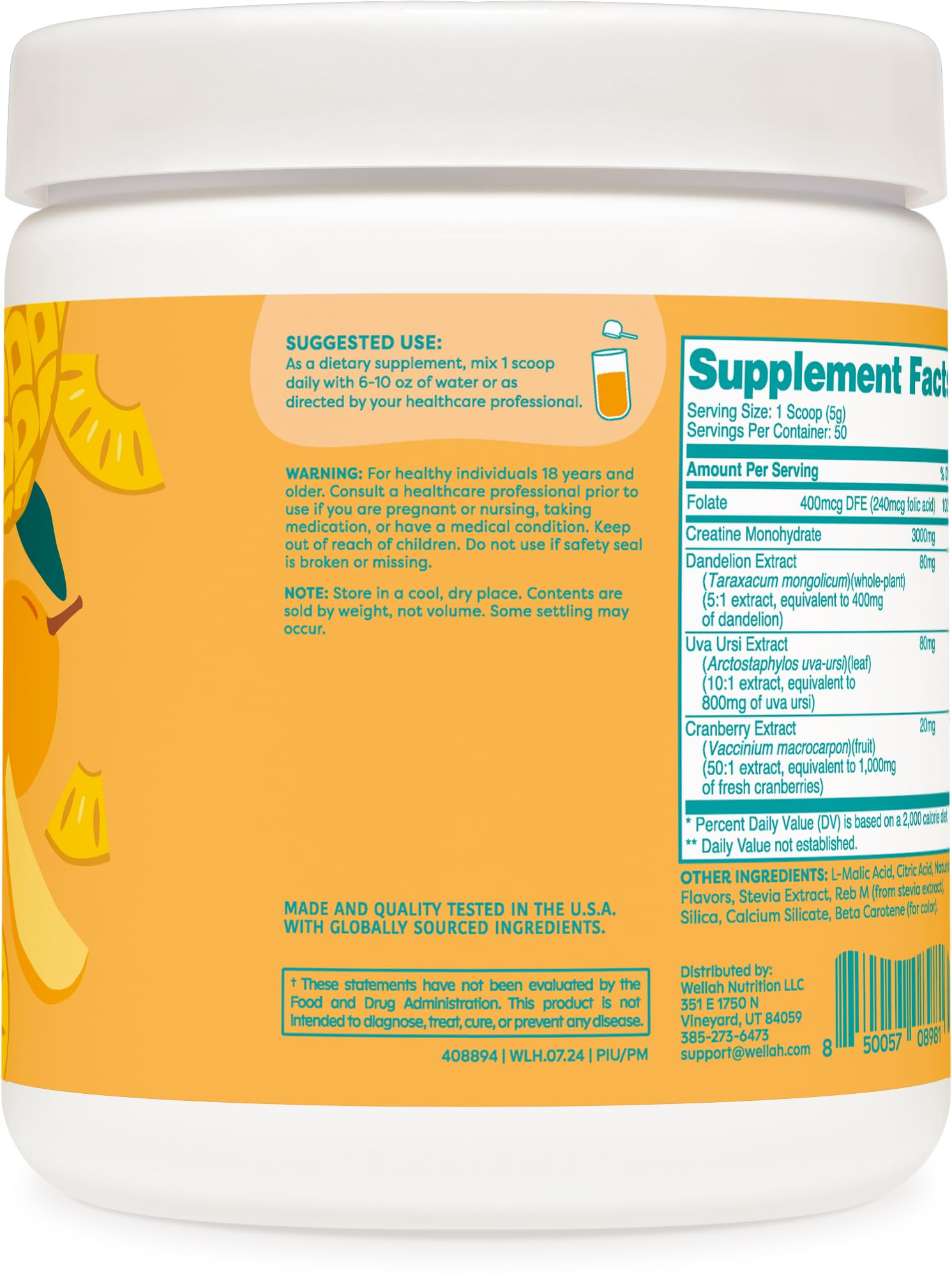 Wellah Creatine for Women Pineapple Mango | 50 Servings | Creatine Monohydrate with Dandelion & Cranberry