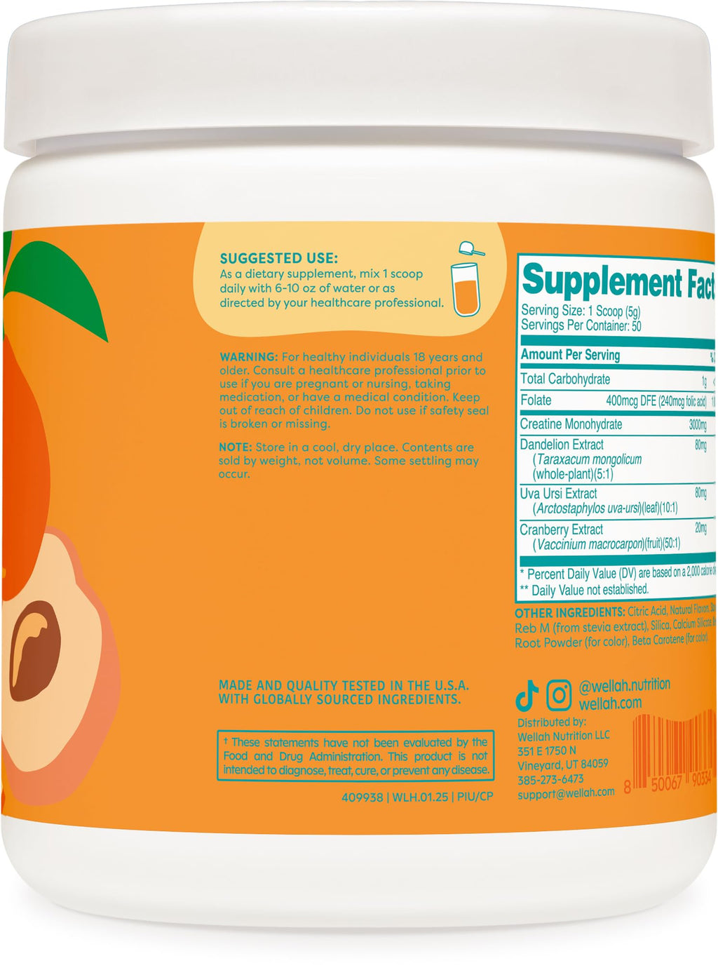 Wellah Creatine for Women – 50 Servings Clementine Peach | Creatine Monohydrate with Dandelion & Cranberry Extract