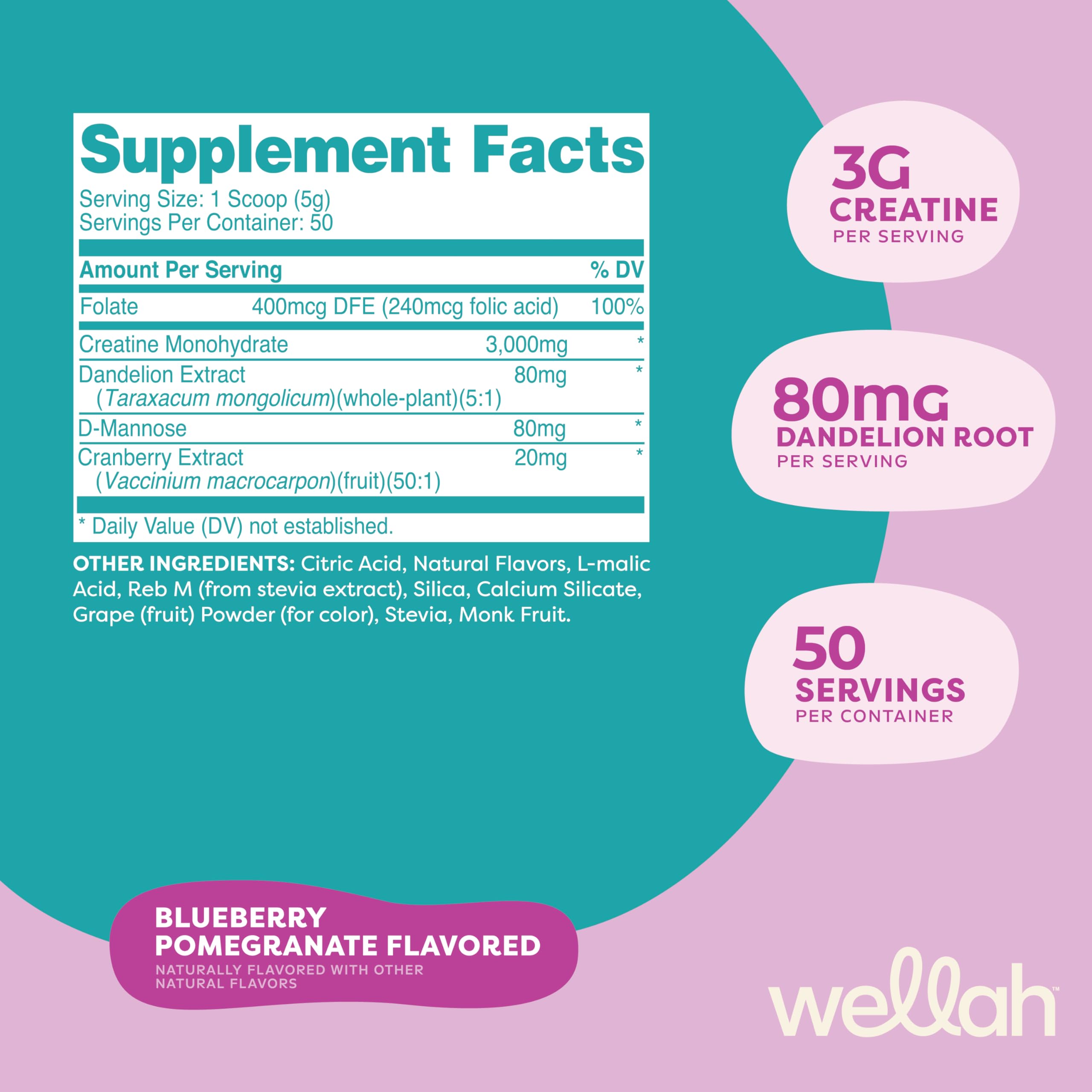 Wellah Creatine for Women - 50 Servings (Blueberry Pomegranate) | Creatine Monohydrate with Dandelion & Cranberry Extract