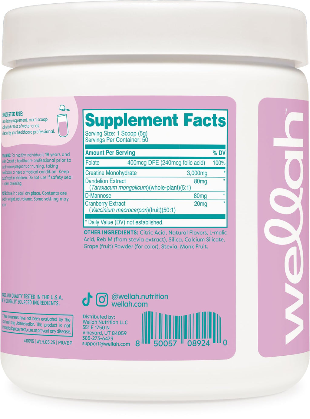 Wellah Creatine for Women - 50 Servings (Blueberry Pomegranate) | Creatine Monohydrate with Dandelion & Cranberry Extract