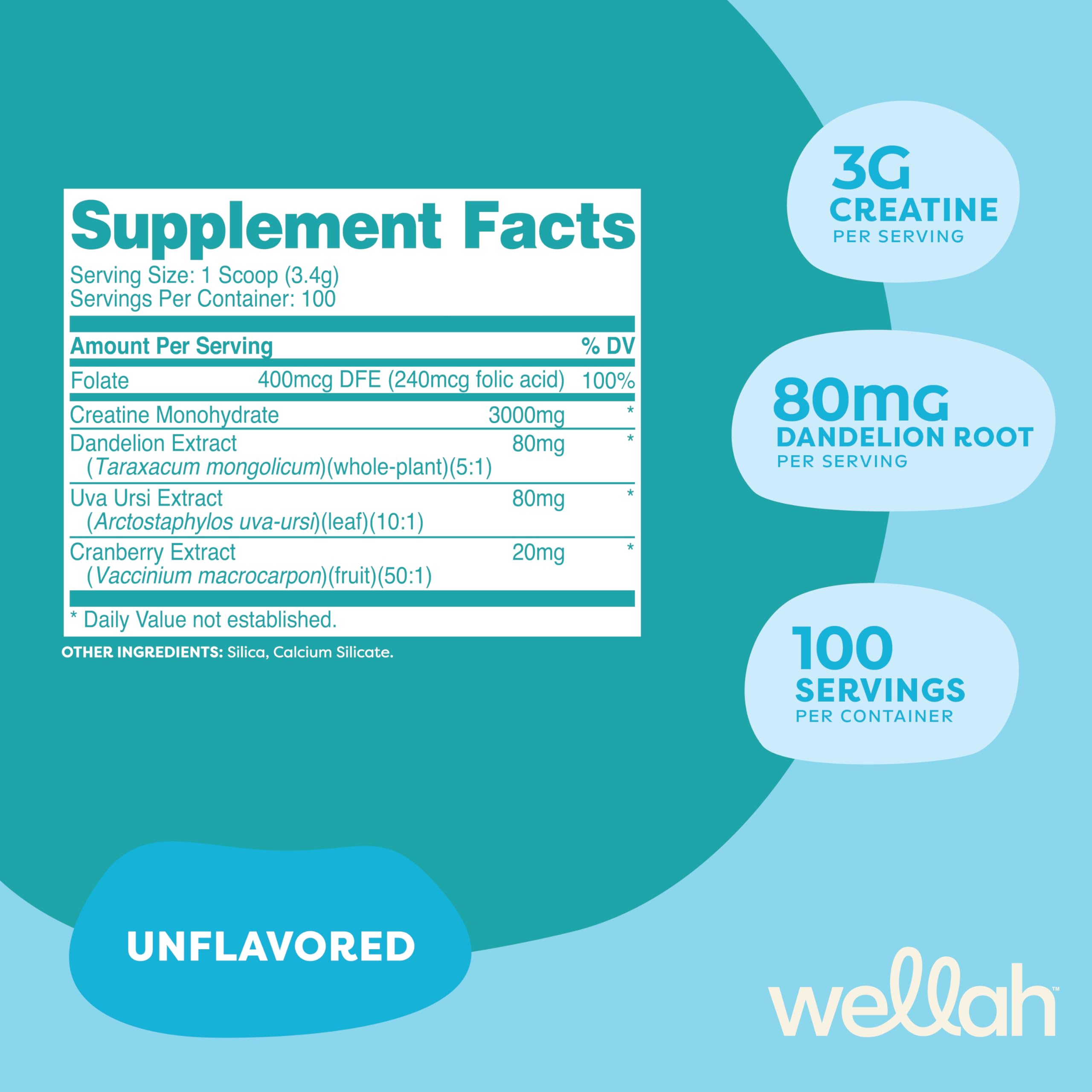 Wellah Creatine for Women - 100 Servings Unflavored | Creatine Monohydrate with Dandelion & Cranberry Extract